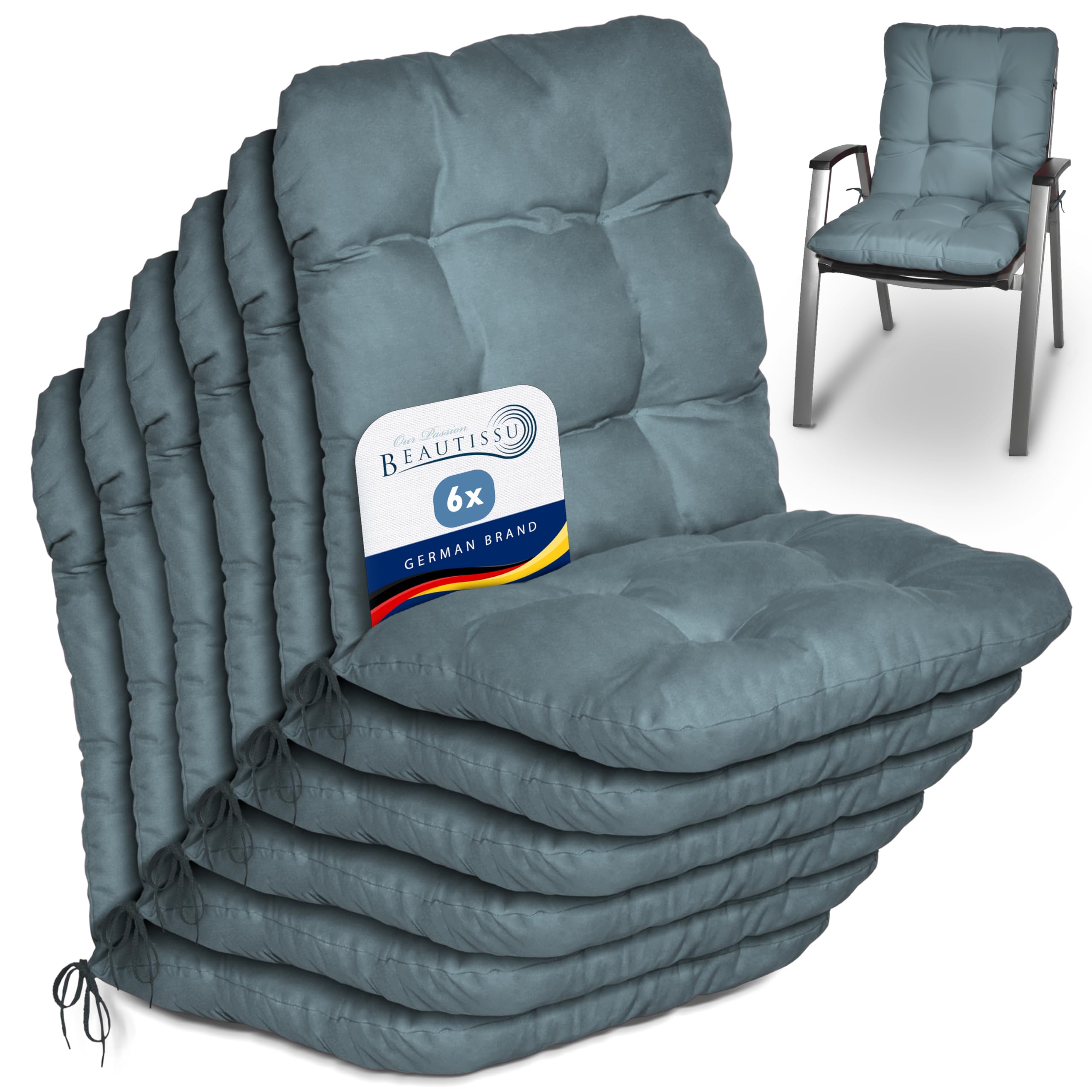 Beautissu Set of 6 Lowback Garden Chair Cushions Set 100x50x8 cm - Dove Blue Outdoor Seat Cushions for Garden Chairs with Backs Pillows for Recliner Patio Sunbed Bench - Flair NL