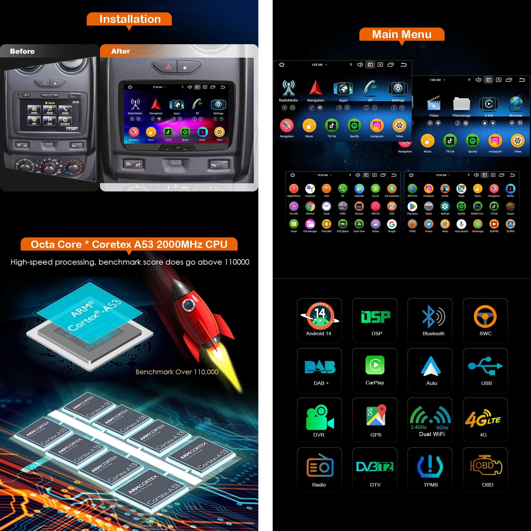 Erisin 8 pollici 8-Core 4GB+64GB Autoradio 2 Din Android 14 GPS Navigatore per Renault Dacia Sandero Duster Logan Dokker Lodgy Supporto CarPlay Android Auto Bluetooth WiFi DSP DAB+ USB FM RDS OBD2