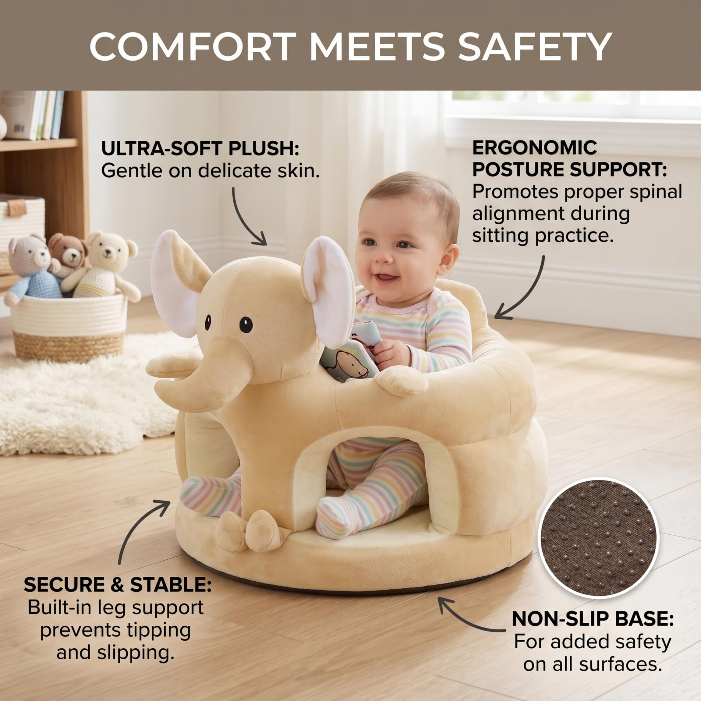 Seggiolino da pavimento per bambini in peluche con elefante carino da 17, 7x17, 7 pollici, morbido per sedersi con supporto stabile