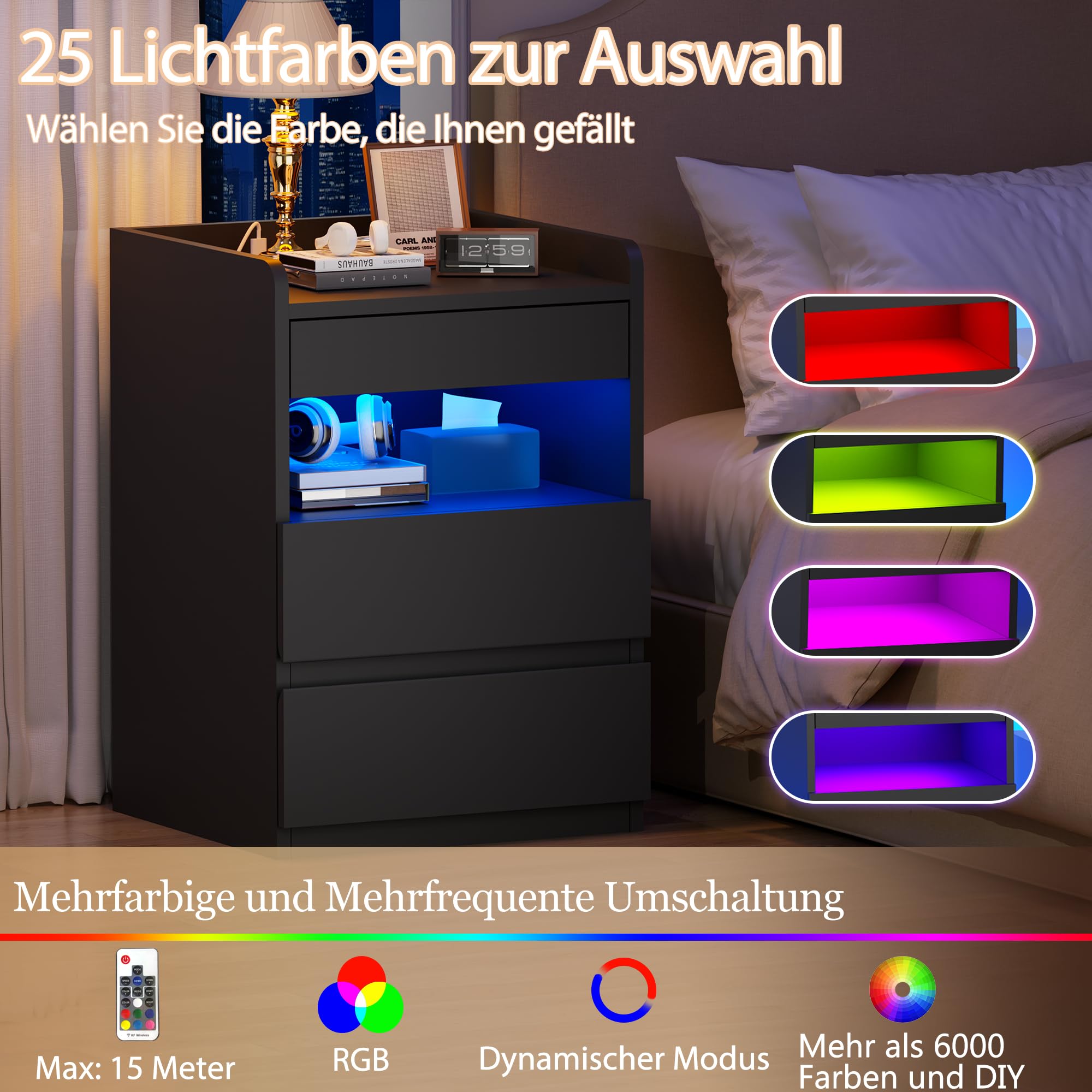 BEWISHOME Nachttisch 2er Set,Nachtschrank mit Verstecktes Fach,Nachttisch mit Steckdose,Einfach und vielseitig Nachtschrank mit Ladefunktion,für Wohnzimmer und Schlafzimmer (Schwarz) EFCG02B