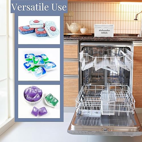 Miniatura 7 de AuldHome - Soporte para cápsulas de lavavajillas, contenedor para tabletas esmalte blanco rústico para almacenamiento de cocina con tapa