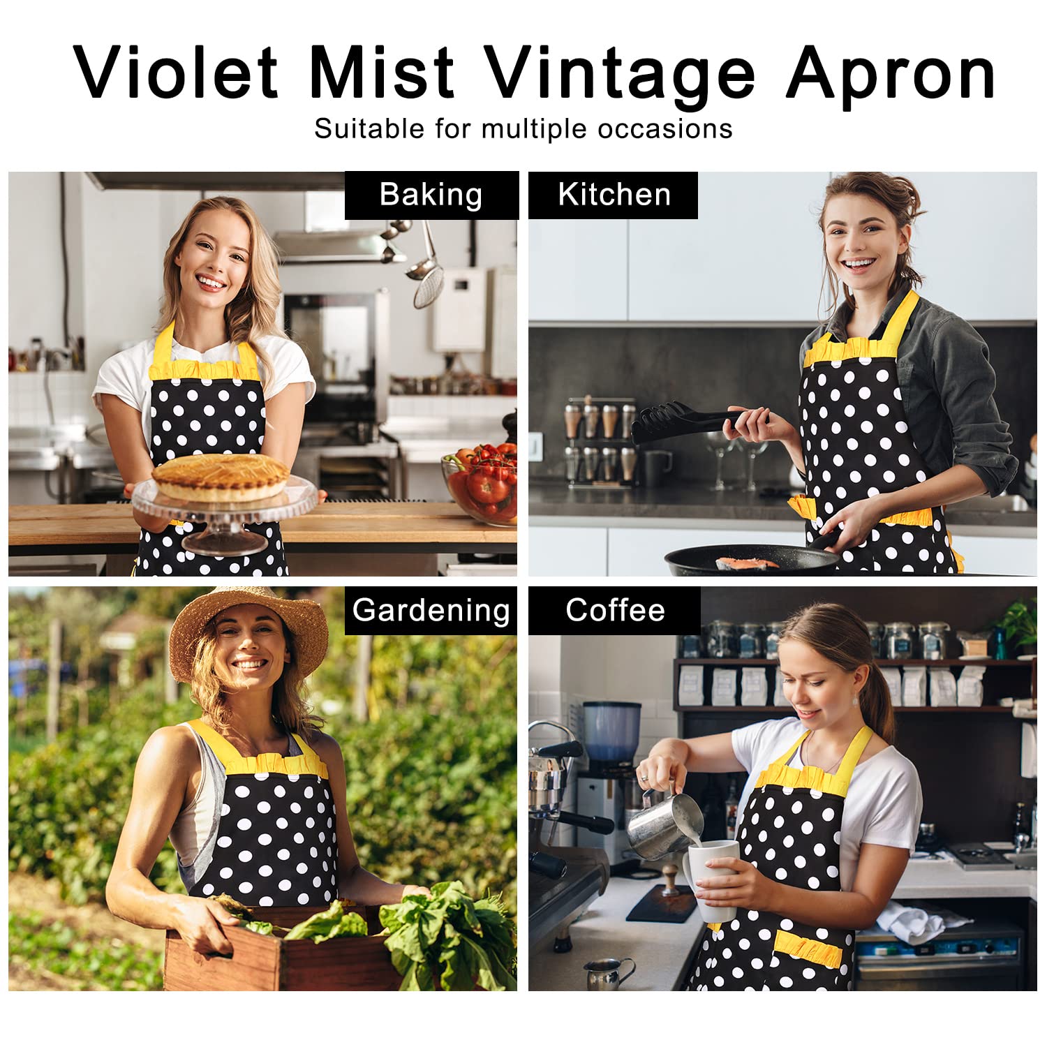 Violet Mist Cute Sweetheart Vintage Apron for Women Girls Polka Dot Retro Stylish Apron Sexy Black Dress 50s Aprons Lace Ruffle Adjustable Neck Strap Flirty Aprons Halloween Christmas Mothers Gifts: Yellow