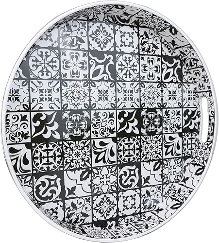 Spsyrine Bandejas redondas de plástico bohemias de 13 pulgadas con asas para sala de estar, mesa auxiliar, otomana, baño, cocina