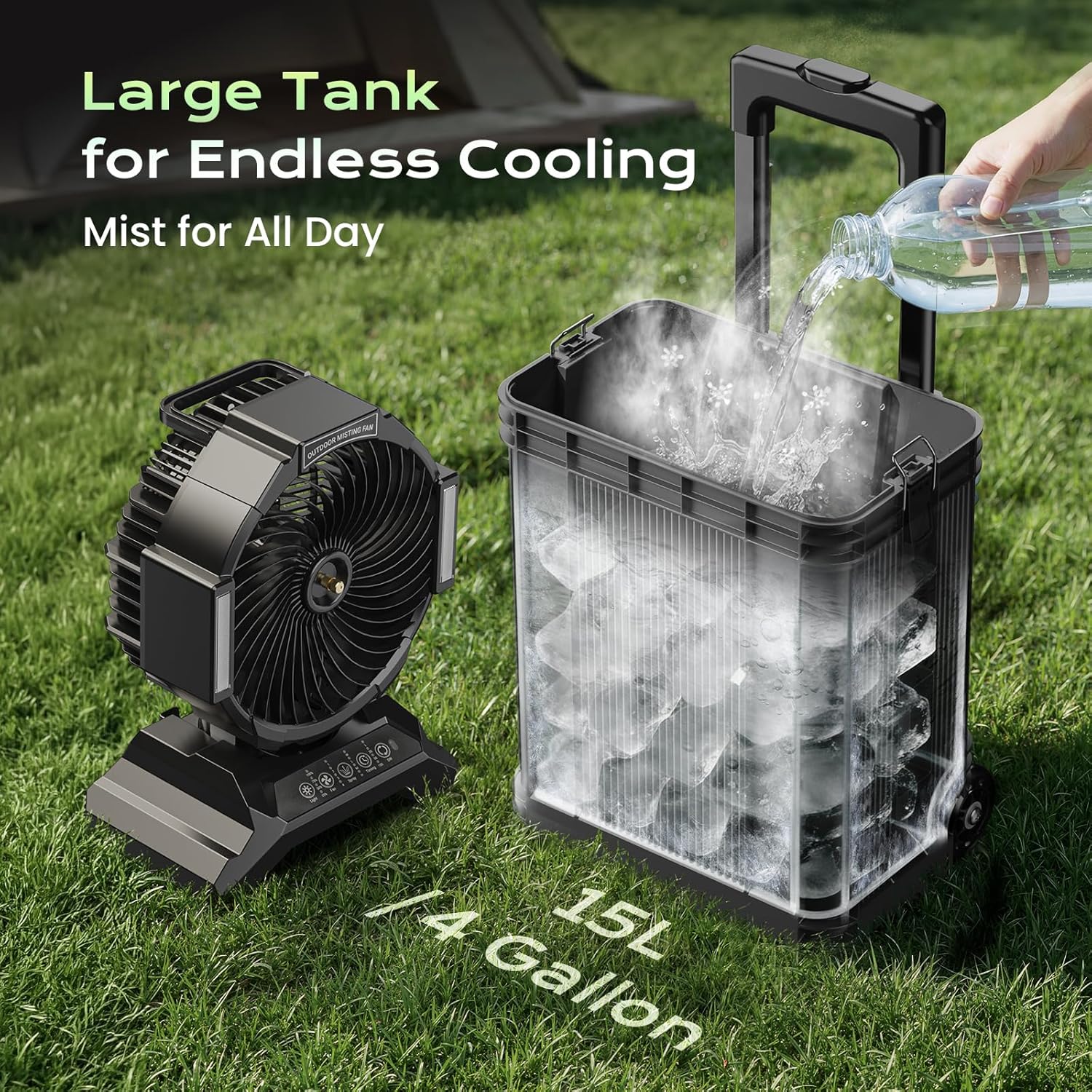 4 Gal Large Misting Bucket Fan Portable, 40000mAh Rechargeable Mister Fan with Retractable Handle & Oscillating Camping Fan for Patio/Beach/Fishing/Golf/Travel Essentials