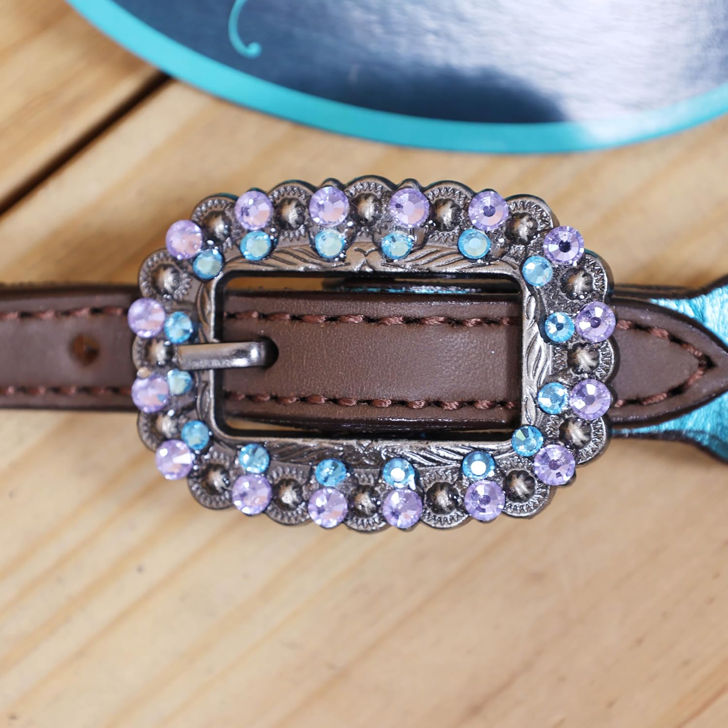 Western Leather Headstall and Breast Collar Tack Set with Purple and Teal Metallic Twisted Braiding, Rhinestone Berry Conchos, Genuine Argentina Cow Leather