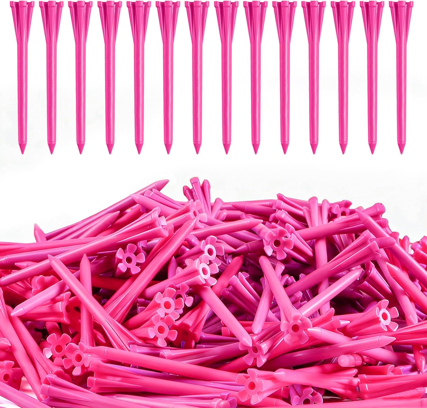 Plastic Golf Tees Pink Value 500/1000 Pack | 1 1/2", 2 3/4", 3 1/4" Sizes for Different Shots, Unbreakable 5-Prong Low Resistance Design for Cleaner Contact