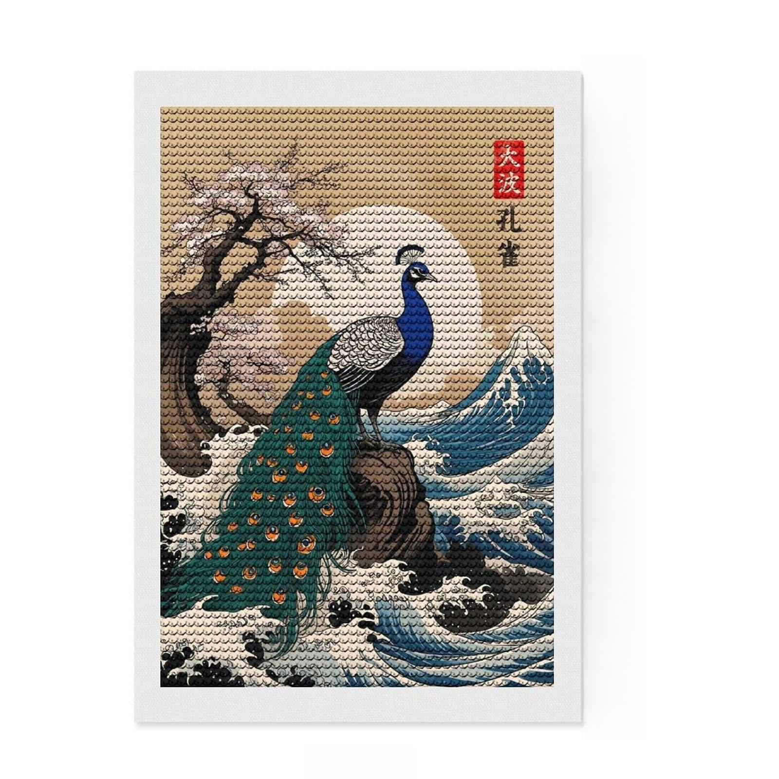 Junmoney Japanese Peacock Diamond Painting Kit 8"x12", Birthday Gift, Festive Craft Gift, with Tool Kit, Decor Project, Modern Decor