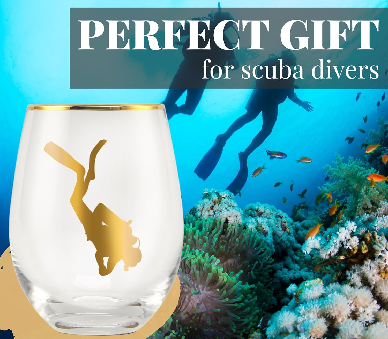 Onebttl Scuba Diving Gifts for Women Men, 18oz Stemless Wine Glasses with Diving Pattern, Perfect for Friends, Scuba Divers, Coaches for Birthday, Christmas