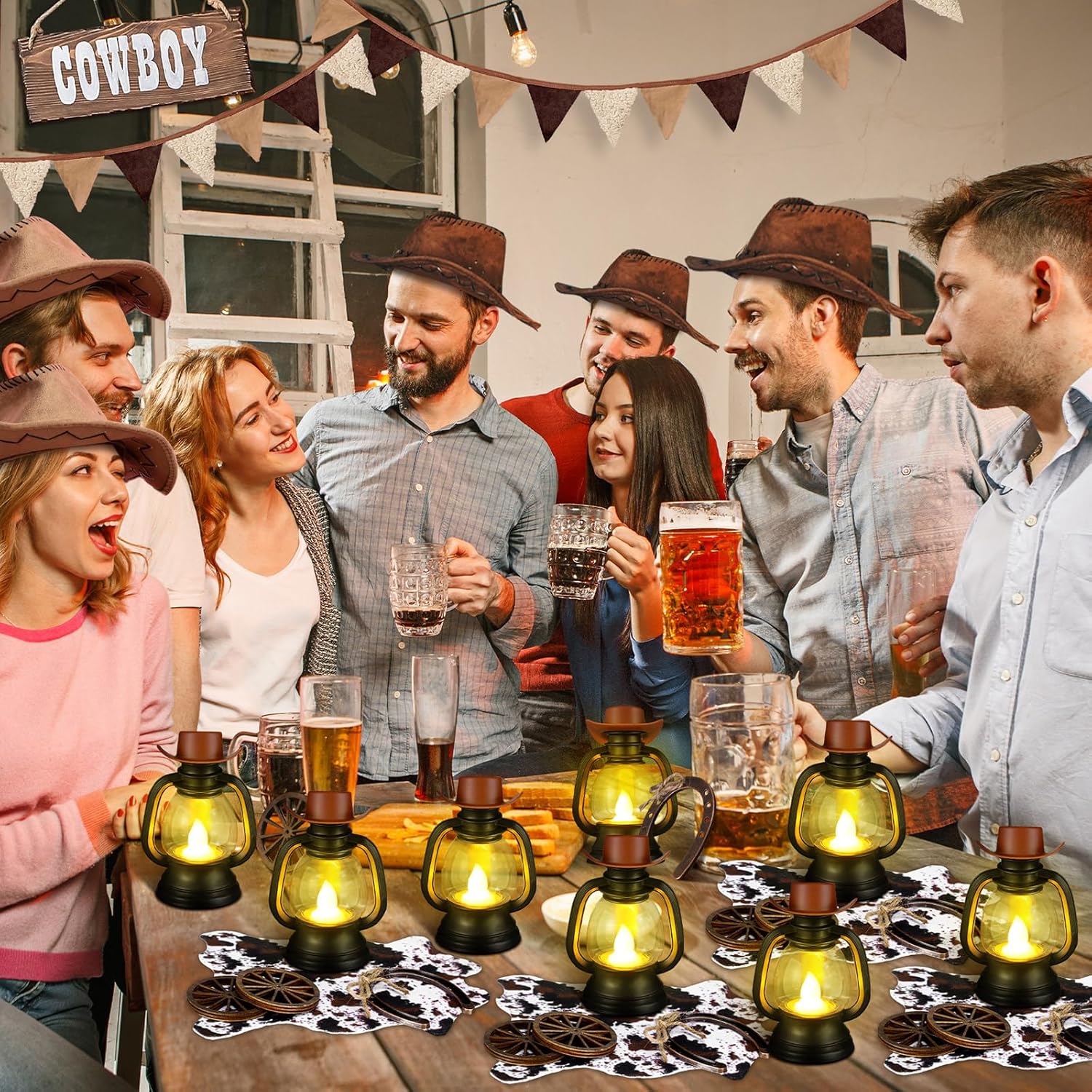 ROCEEI 72 Pcs Western Theme Party Decorations 4" Cowboy Hats Lantern Mini Cow Carpet Horseshoe Wagon Wheel Rodeo Table Centerpieces for Adults Cowgirl Rustic Country Farm Birthday Party Accessories