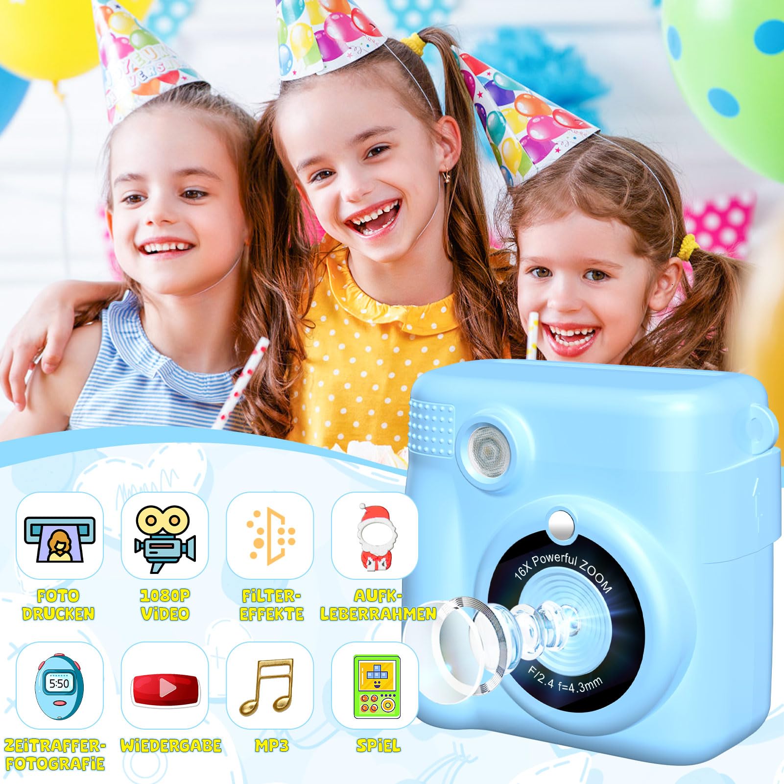 Fotocamera digitale per bambini, con stampa istantanea, 1080P, in bianco e nero, per foto (blu)..
