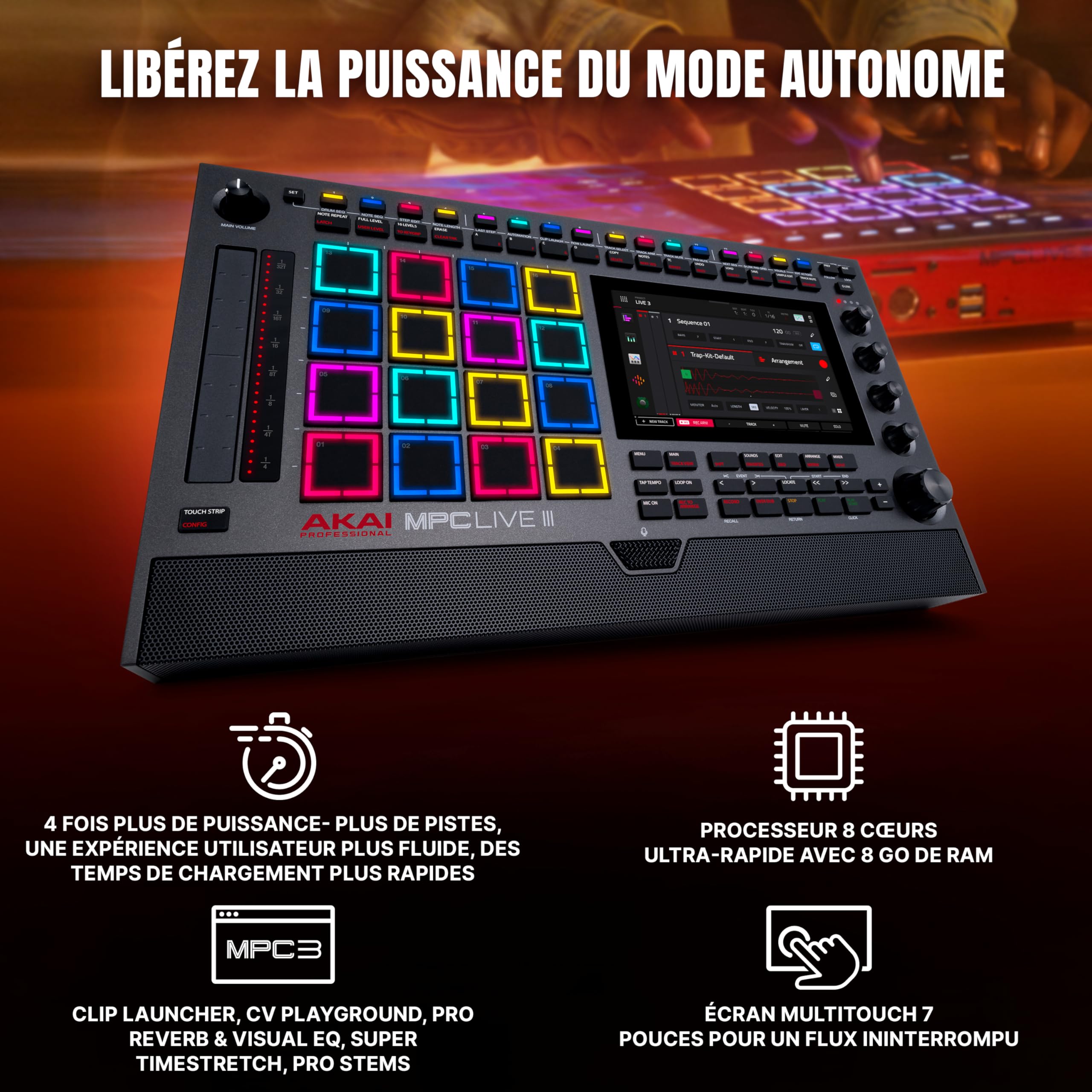 Akai Professional MPC Live III Centre de Production Musicale Portable Autonome avec Pads MPCe, Séquenceur, Écran Tactile, Micro, Enceintes Stéréo, Interface Audio, Wi-Fi, Bluetooth, Batterie