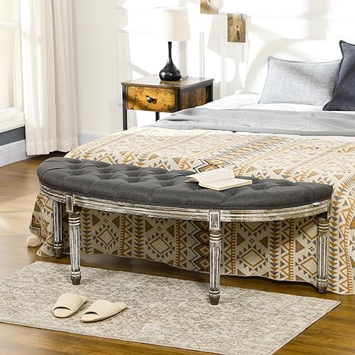 Miniatura 2 de HOMCOM Banco vintage semicircular para el extremo de la cama, banco de entrada tapizado para dormitorio con tela copetuda al tacto de lino con patas