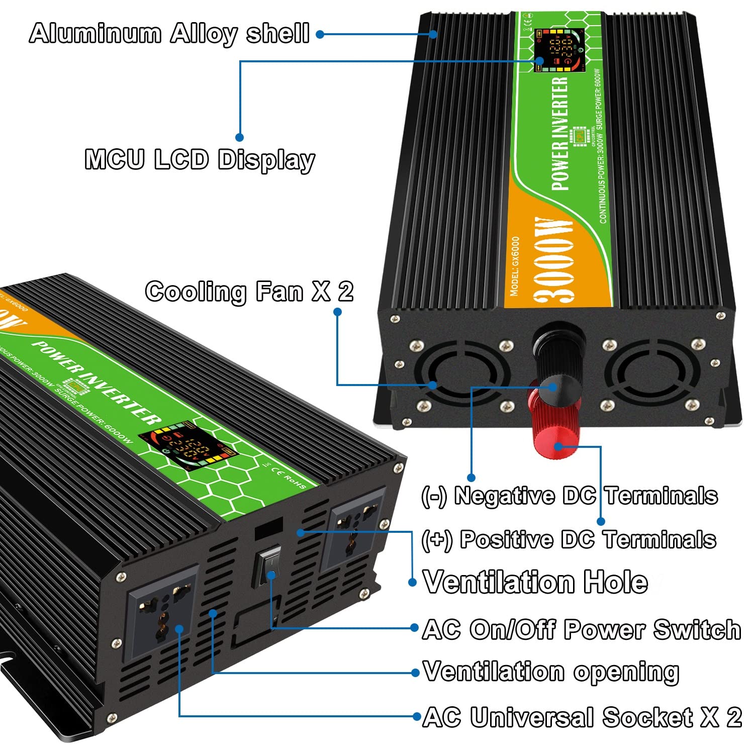 3000w inversor de alimentación automotriz DC 12v a 220V convertidor AC,con 2 adaptadores Enchufe AC para automóviles,Adecuado para vehículos,Accesorios Campamento necesarios para Viajes por Carretera