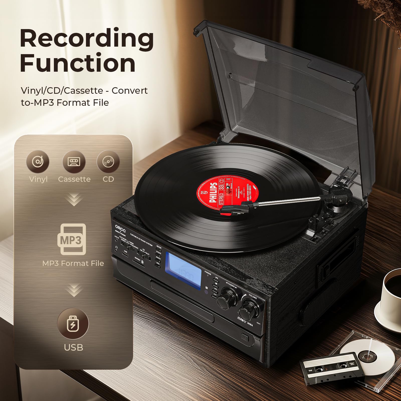 ORCC Giradischi 10 in 1, con carta regalo, giradischi in vinile per 33/45/78 giri/min, riproduzione e registrazione CD/USB/SD, Bluetooth e telecomando, radio FM/AM per gli amanti della musica, grigio