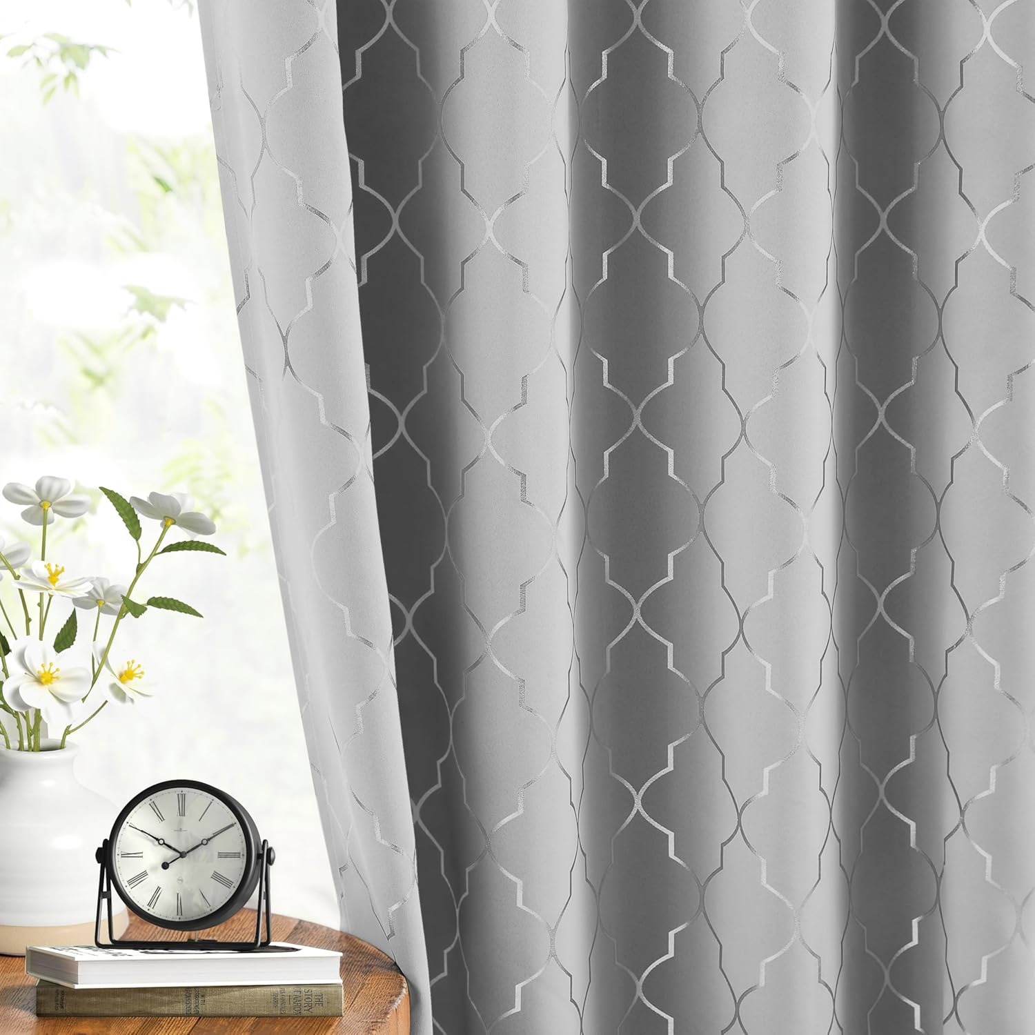 ZJDECOR 63 Inch Grey Full Blackout Curtains with Silver Metallic Geo Moroccan Pattern,Room Darkening Panels for Bedroom,Thermal Insulated Drapes,Modern Grommet Window Treatment,52" Wx63 L(Pack of 2) 52"W x 63"L (Pack of 2) Grey/Silver