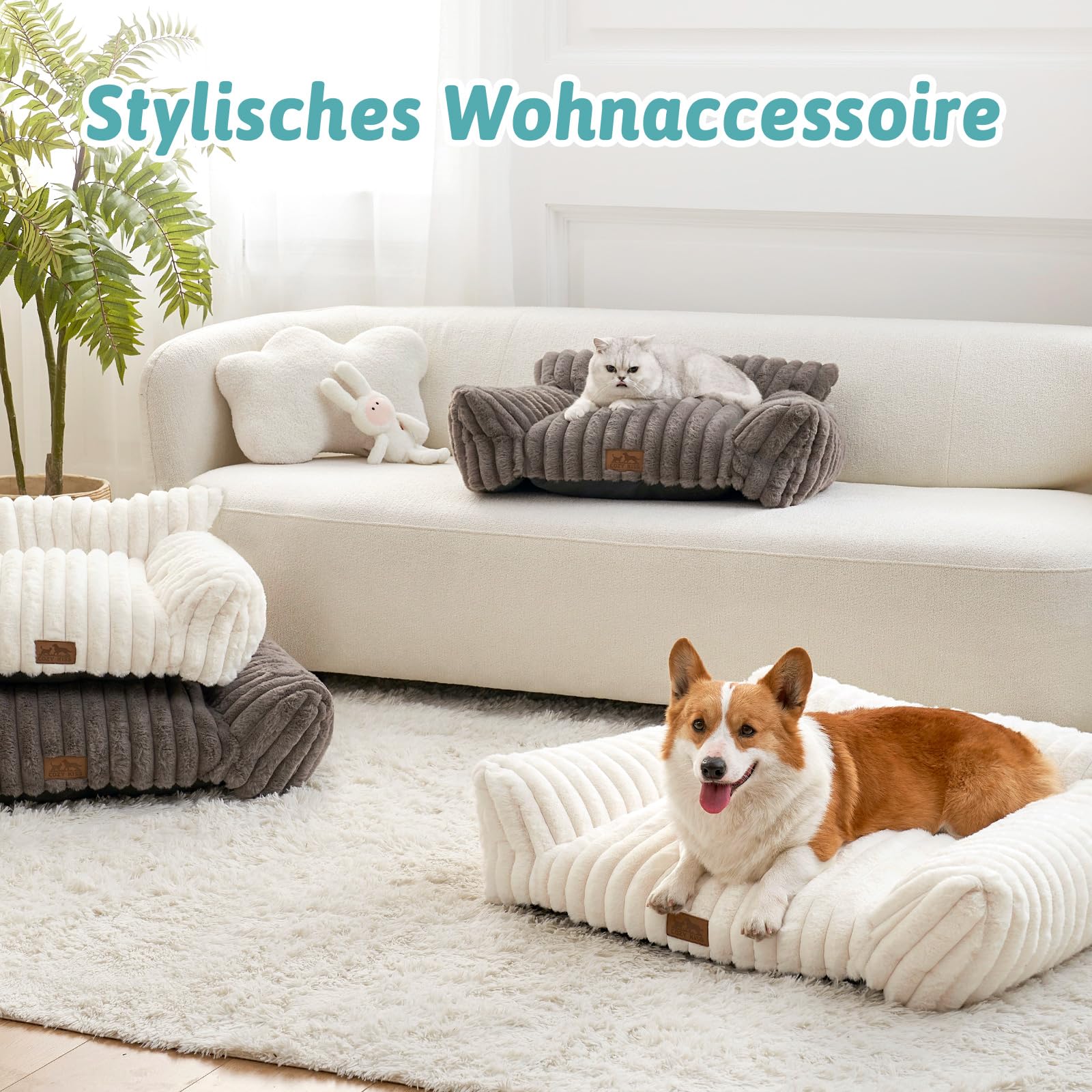 COZY KISS Orthopädisches Großes Katzenbett - 65x44x30cm Cord-Kunstfell Hundebett-Sofa für Kleine Hunde, Waschbar Große Katzen Katzensofa, Kuscheliges Katzencouch mit Kopf- und Nackenstütze, Creme