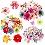 Geosar 100 Pcs Faux Flower Heads Artificial Flowers Mini Rose Daisy Peony Plum Blossom Flower Fabric DIY Decoration Artificial Daisy Craft for Wedding Home Garland, 4.5 Cm, 2 cm