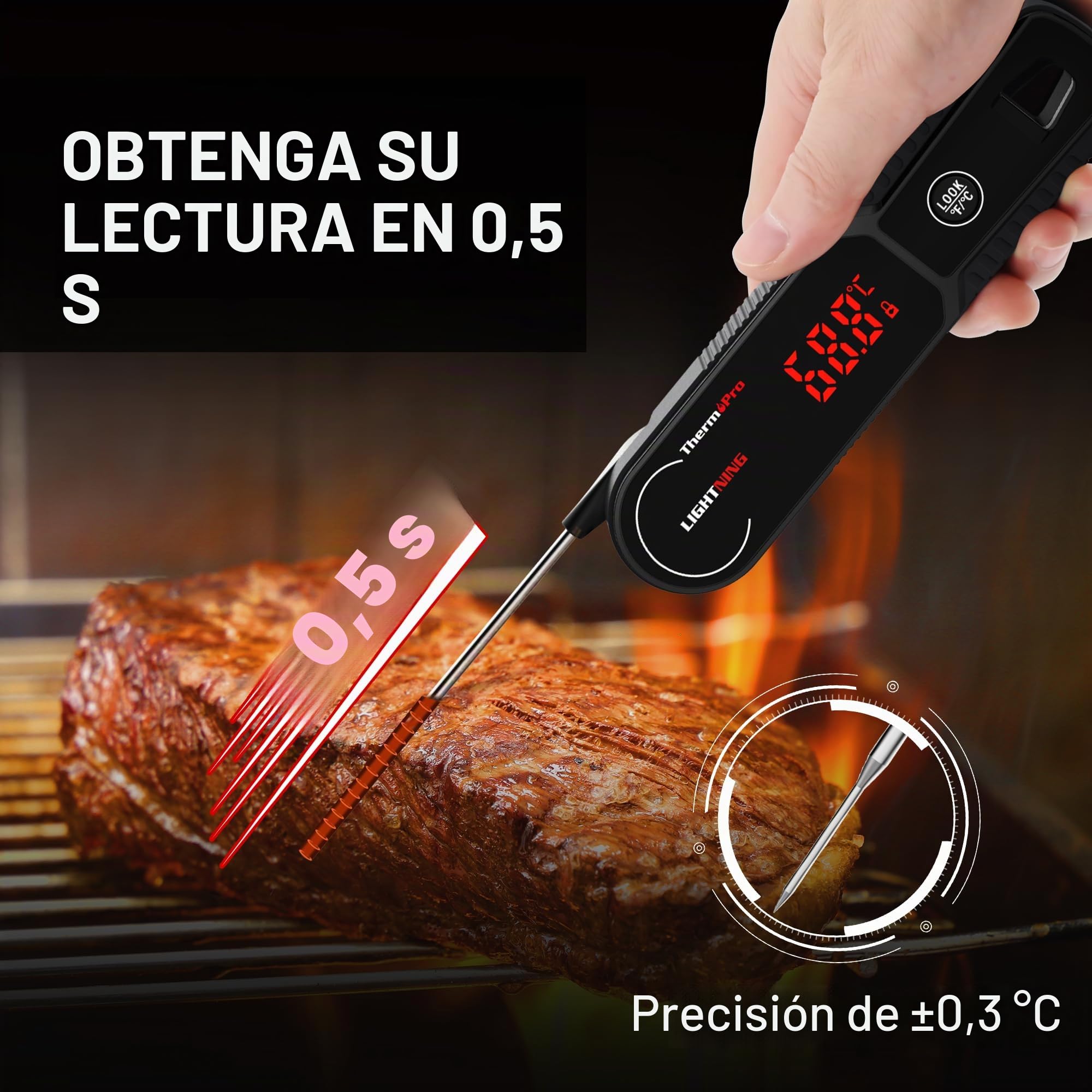 ThermoPro TP622 Termómetro Cocina de Lectura Instantánea, Termómetro Calibrable para Alimentos con Pantalla, Termómetro de Cocina Impermeable para Barbacoa Comida Liquidos Aceite Agua