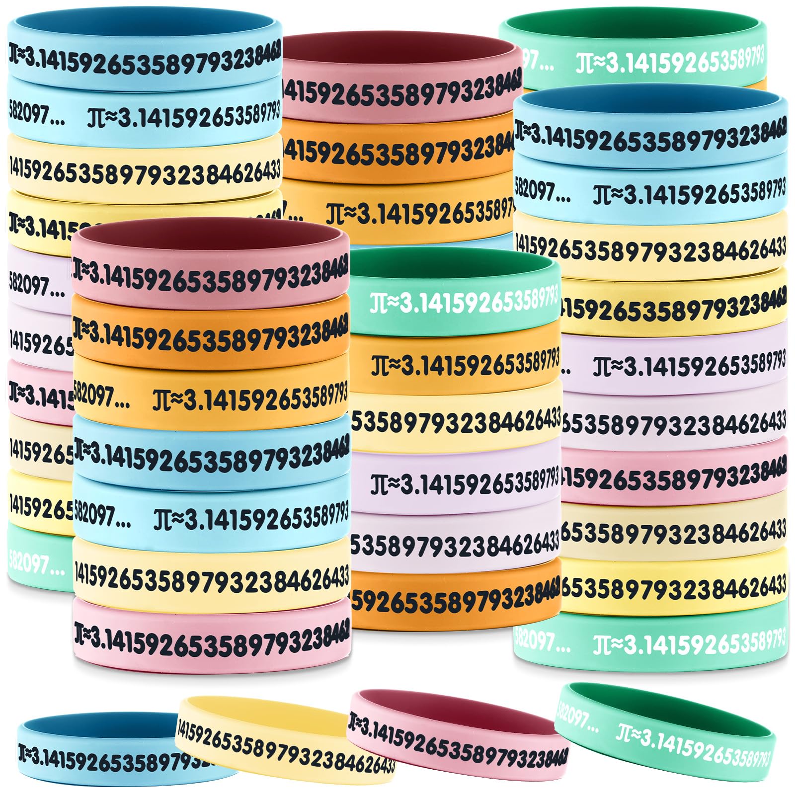 Roowest 108 Pcs Teacher Appreciation Gifts Pi Day Bracelet 3.14 Fun Pi Day Wristbands Classroom Gifts Bulk from Teacher Math Symbol Rubber Bracelet Science Irrational Number Prize Favors(Pastel Color)