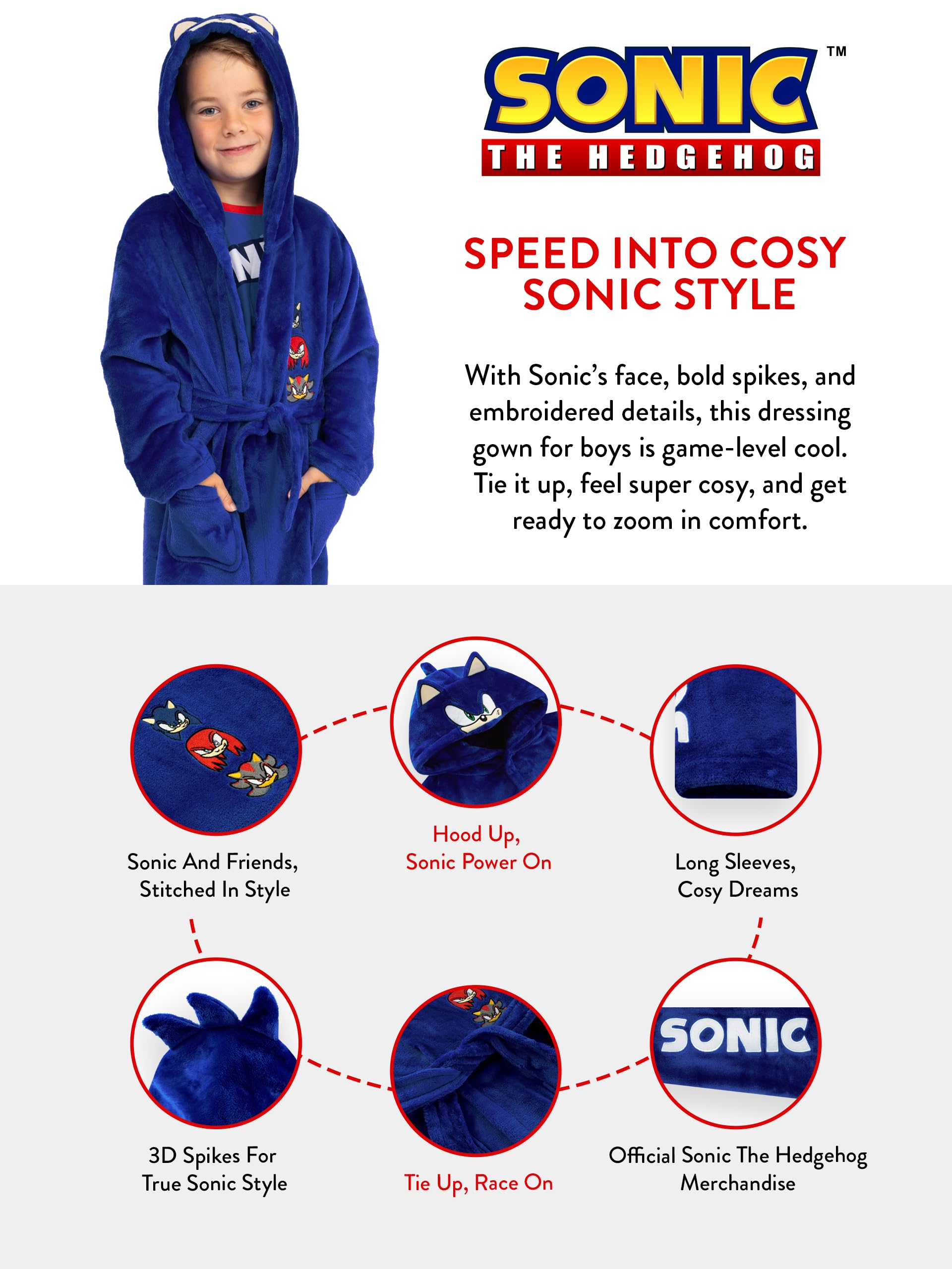 Sonic The Hedgehog Peignoir pour garçon, robe de chambre Sonic Kids avec oreilles 3D, peignoir polaire pour garçon