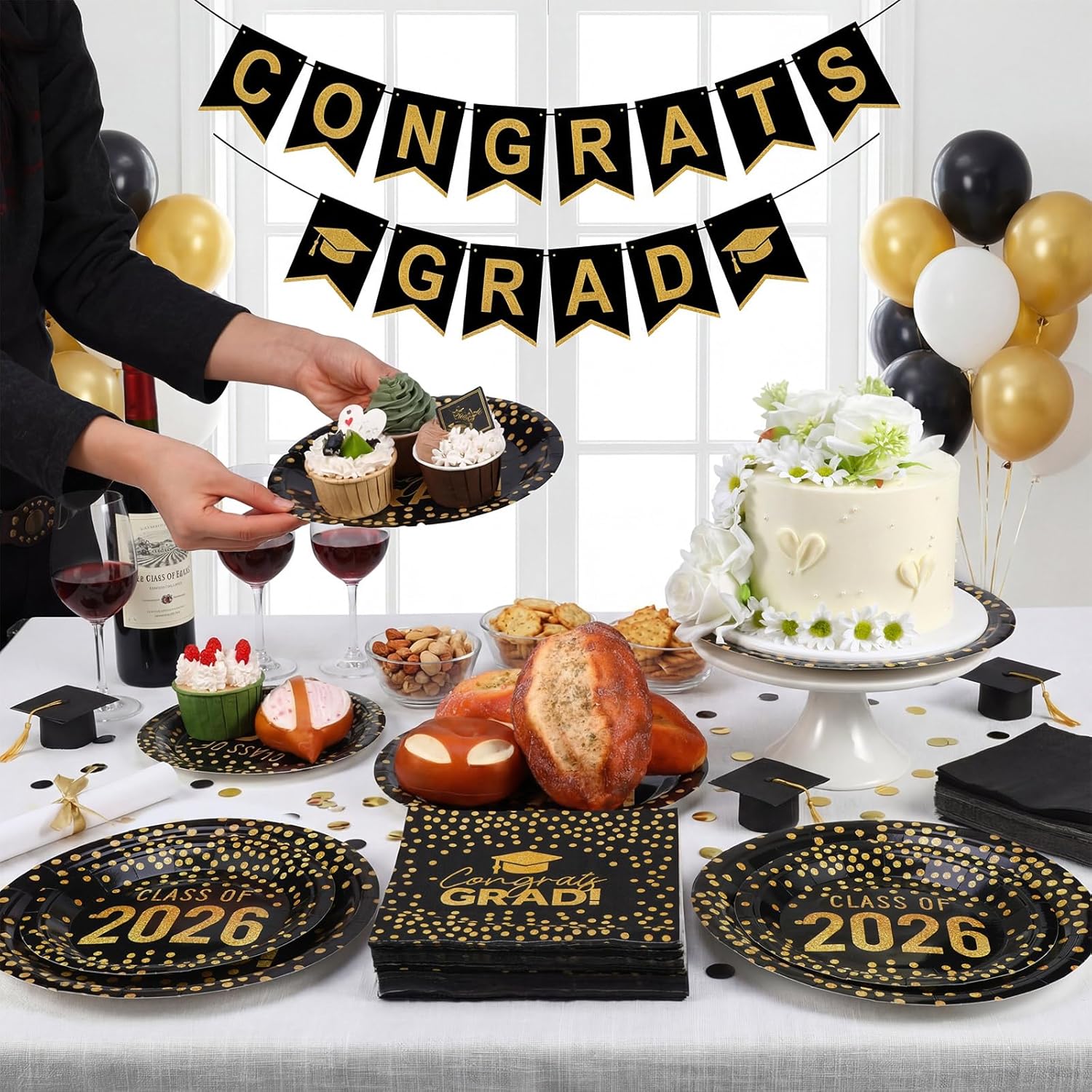 FoldTier 200 Pcs Graduation Plates and Napkins 2026, Black and Gold Graduation Decorations, Class of 2026 Congrats Grad Paper Plates and Napkins for College High School Graduations Party, Serve 50