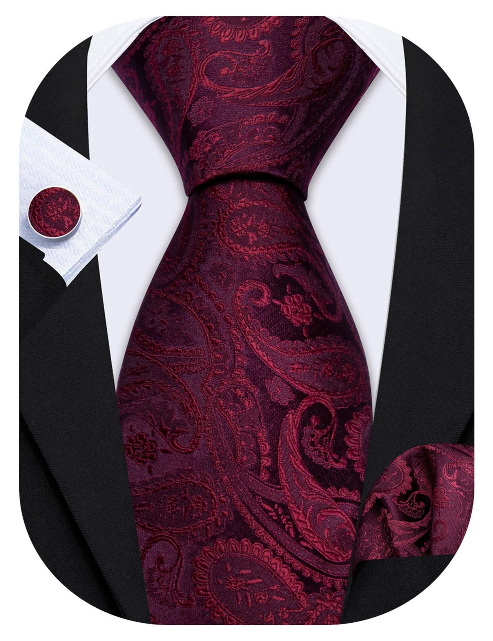 Barry.WangMen Tie Set Paisley Silk Necktie Pocket Square Cufflinks Formal Wedding Business Party