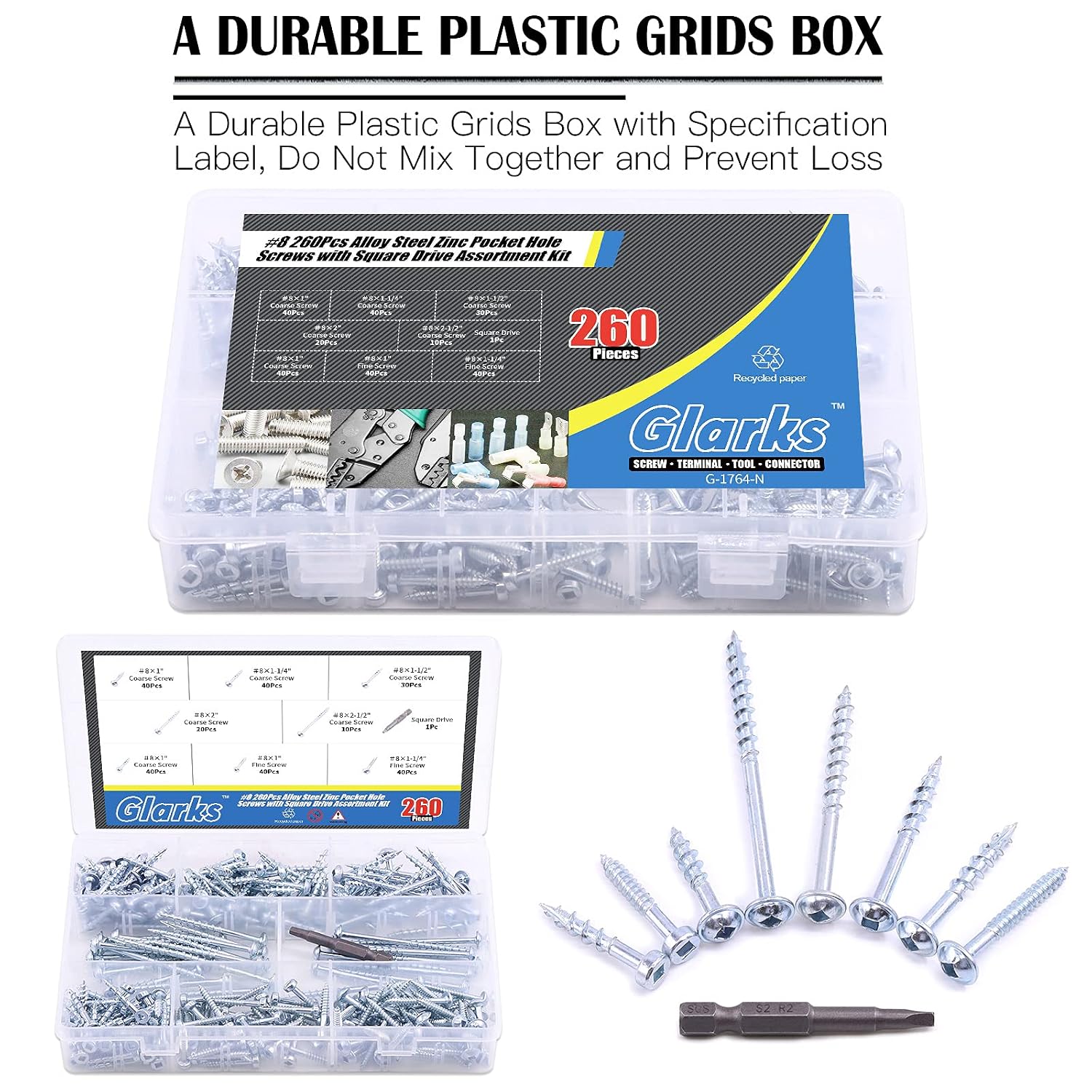 Glarks 260Pcs Pocket Hole Screw Set 8 Size Square Drive Self Tapping Coarse Fine Thread Screws Assortment Kit for Wood and Sheet Metal (260Pcs Screws Assortment Kit)