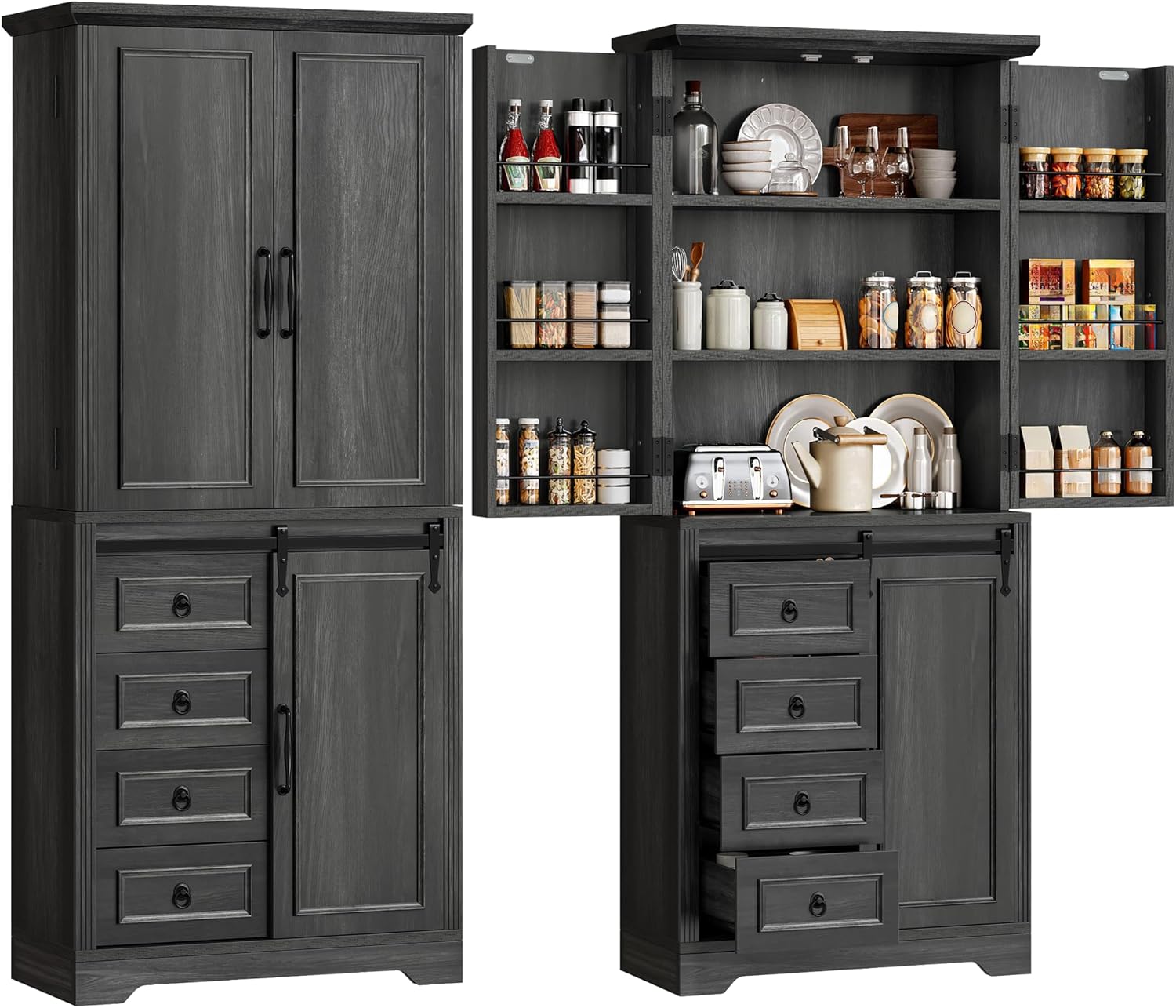 YITAHOME Pantry Cabinet, 71-Inch Tall Freestanding Storage Cabinet with 4 Drawers, Farmhouse Cupboard with Doors Storage, Adjustable Shelves, for Living Room, Dining Room, Gray Oak