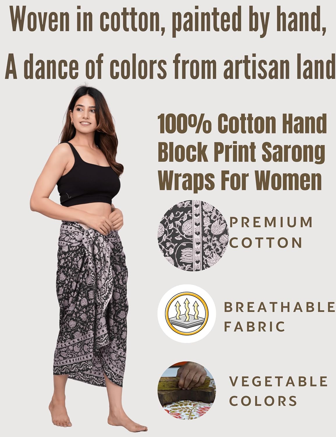 Hand Block Printed Cotton Sarong Wraps for Women – Lightweight Beach Swimsuit Cover Up, One Size Pareo 73 x 44 In - Image 5