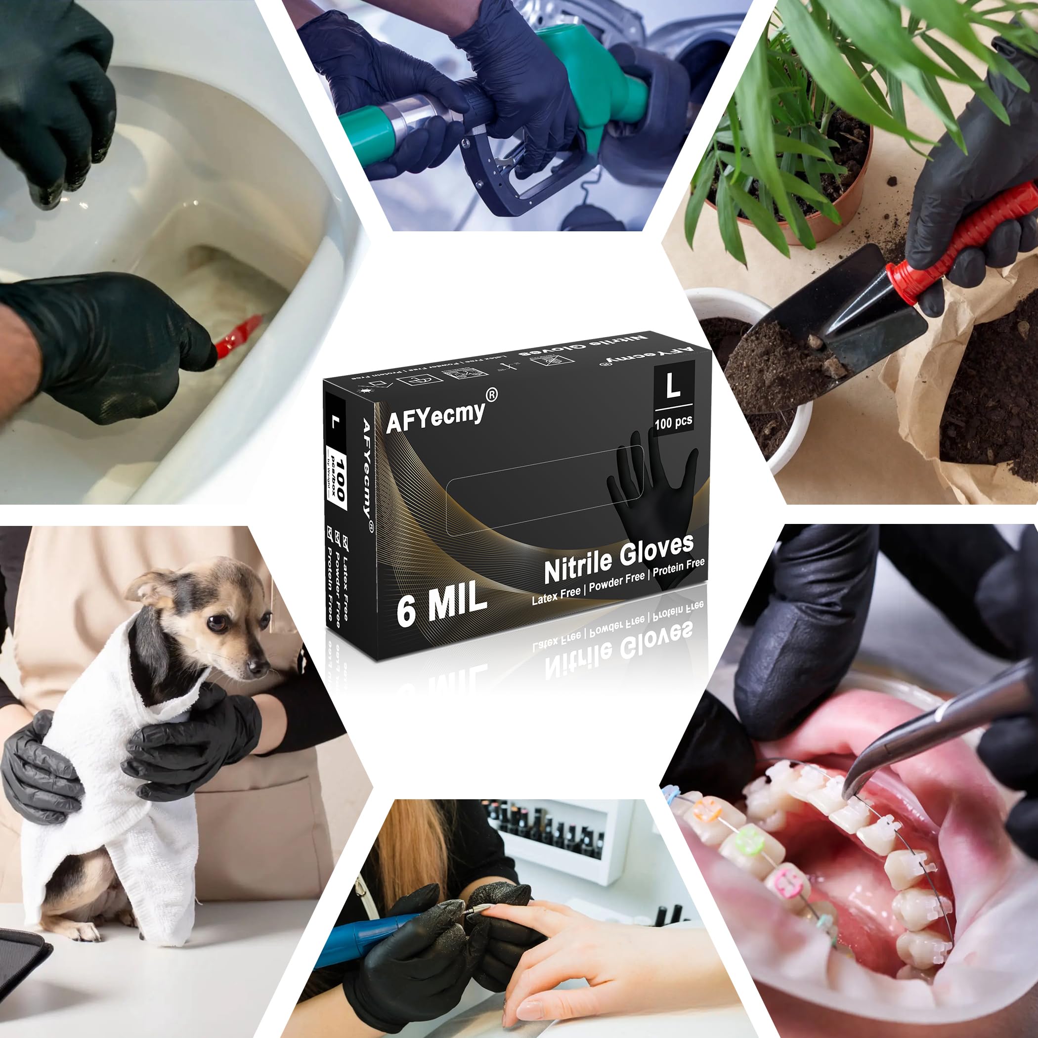 Guantes de nitrilo negros 6 mil, 100 unidades de guantes desechables sin polvo, resistentes al desgarro, diseño antideslizante para industria, limpieza, cocina, mantenimiento, peluquería
