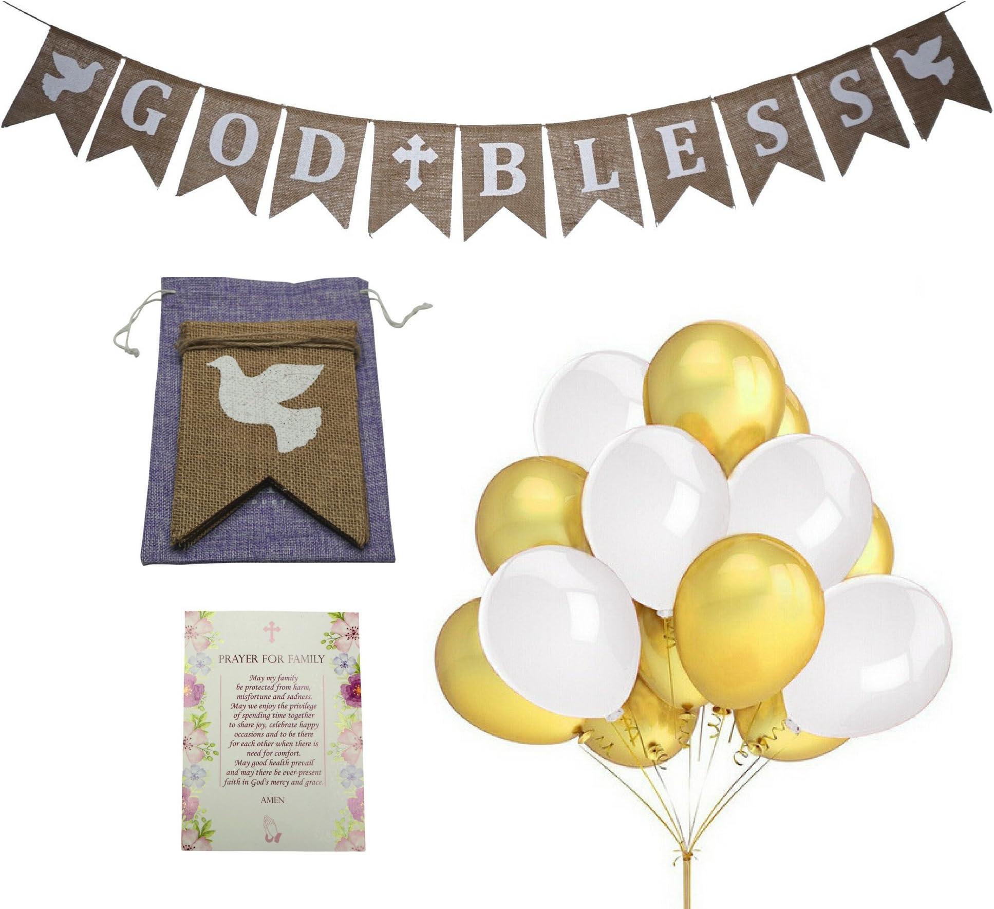 Signature Products God Bless Burlap Rustic Banner for Baptism, Holy Communion Party Christening Decorations Wedding, Baby Shower Girls/Boys - BONUS 10 - 12'' balloons, 2 Doves, Praying Card,Gift bag
