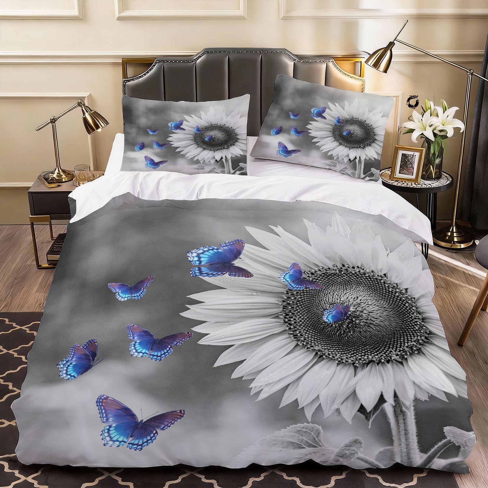 3D Sunflowers Printed Duvet Cover Butterfly Bedding Single Bed Set, Soft Microfiber Comforter Cover Printed with Zipper Closure Quilt Coverr 135x200 cm and 2 Pillowcases