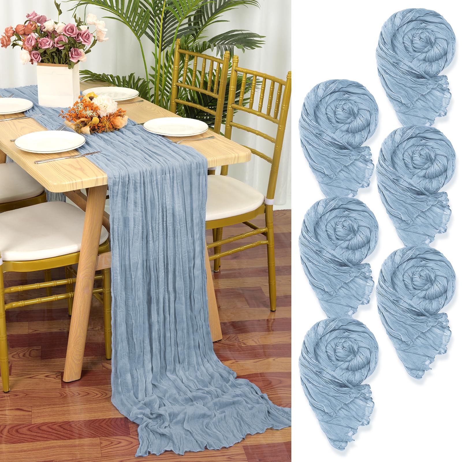 Tafelloper, 6 stuks, donkergroen, 55 x 300 cm, rustiek gaas, boho-tafelloper, kaasdoek, cheesecloth, bruiloft, tafelkleed voor bruiloftsfeest, bruidsfeest, tafeldecoratie