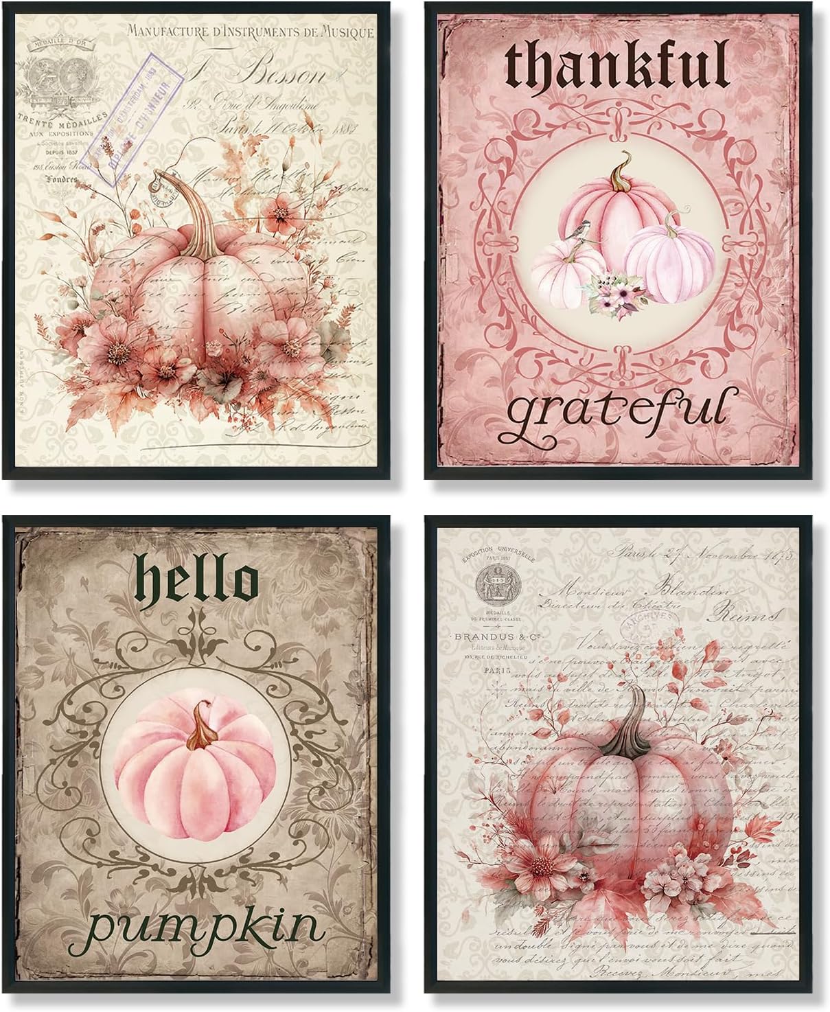 ULEGIE Pink Book Pumpkin Wall Art Decor Set of 4, Fall Wall Decor, Fall Wedding Decor, Farmhouse Autumn Harvest Thanksgiving Wall Art Decor, Fall Pumpkin Decor, 8x10 Inch Unframed Vintage pink medieval pumpkins
