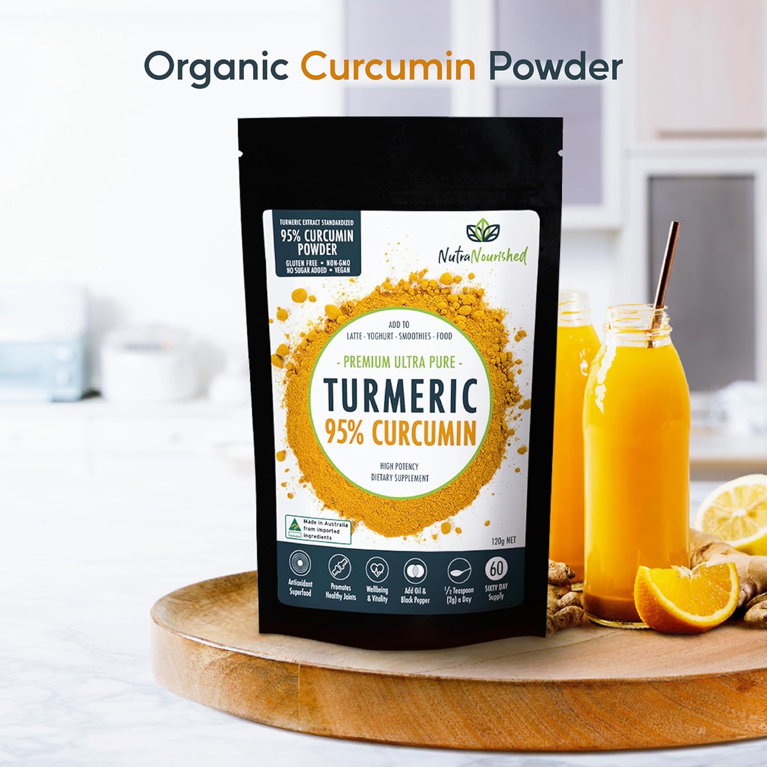 Organic Turmeric 95% Curcumin Powder – 1500mg Extract with Black Pepper – Non-GMO, Vegan, Gluten-Free, Natural Supplement – 120g
