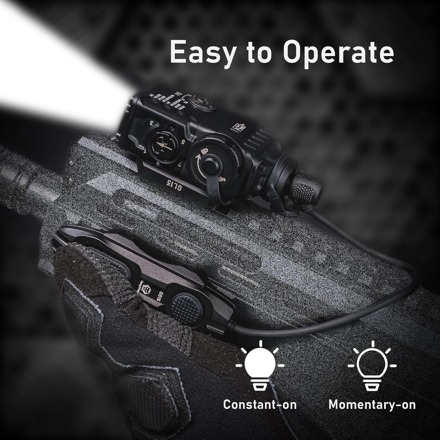 Diagram of the GS15 remote switch showing the override button and normal button for constant and momentary modes.
