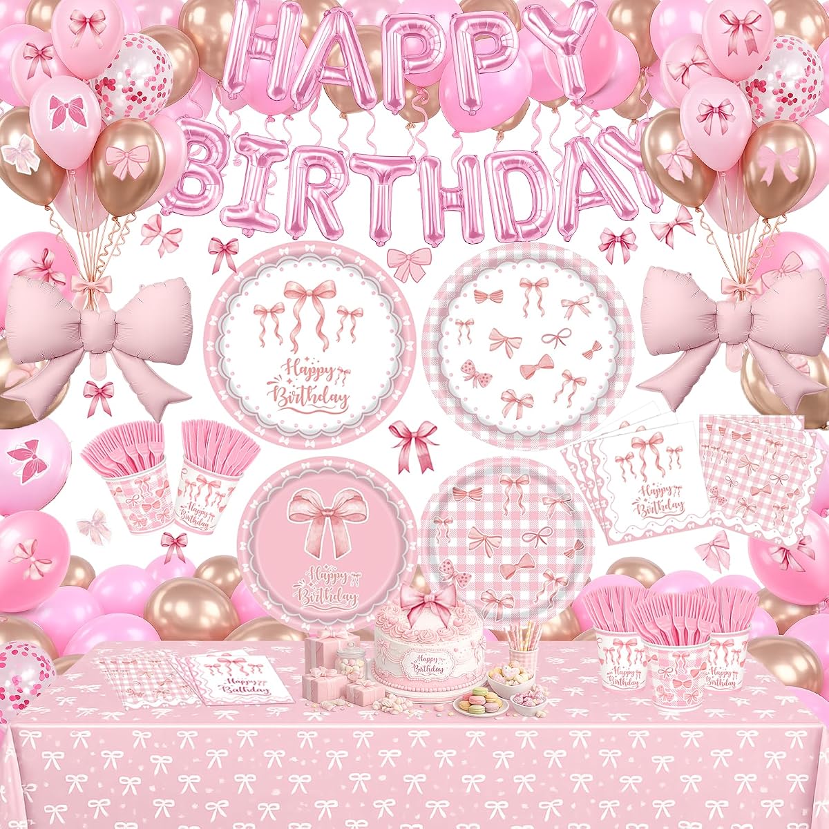 219Pcs Pink Bow Birthday Decorations, Coquette Tableware Set 24 Guests | Birthday plates and napkins, pink balloons, bow tablecloth and stickers for party supplies setup