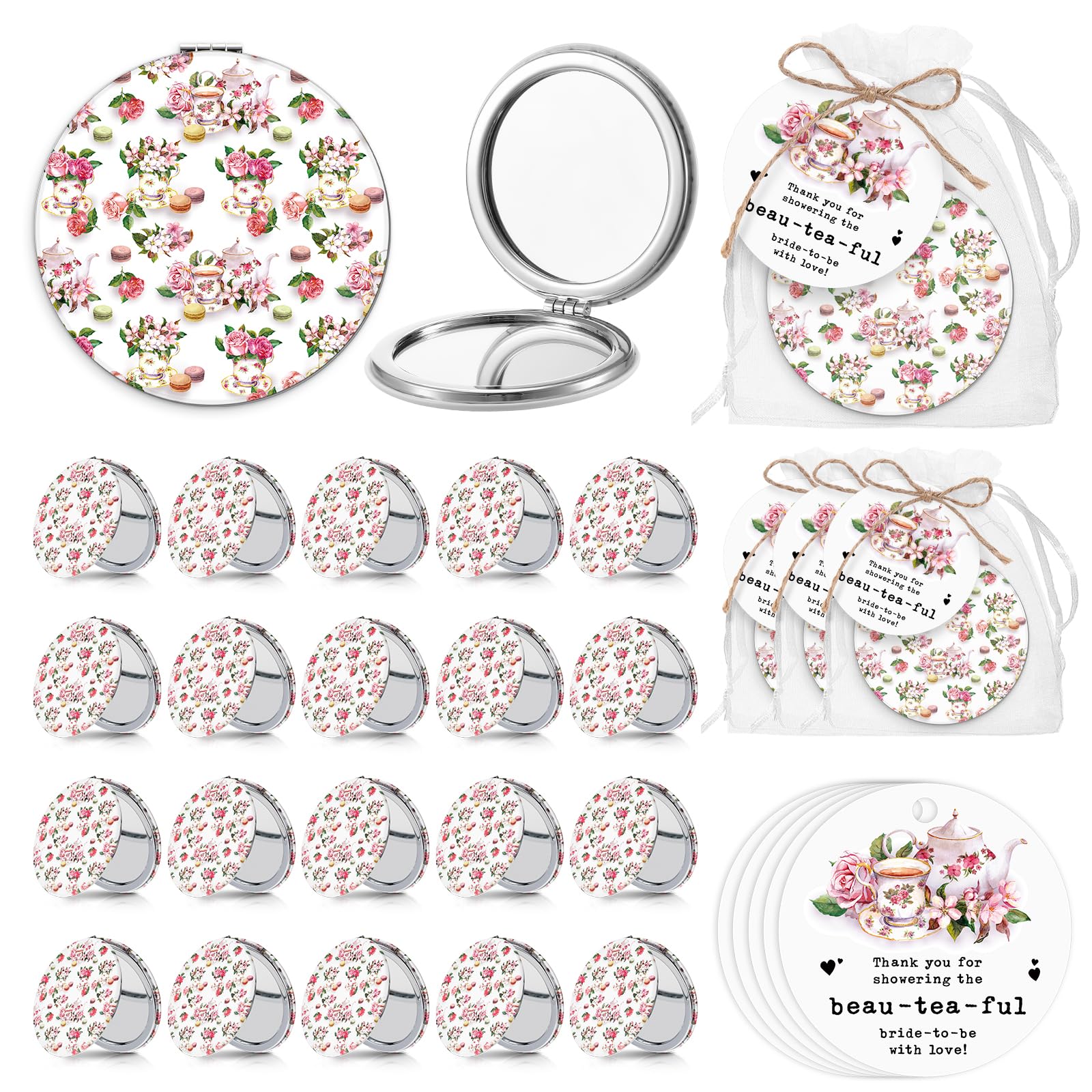 Hushee 20 Sets Bridal Shower Tea Party Favors for Guests Floral Compact Mirror Bulk PU Folding Pocket Mirror with Beautiful Tag Bag Thank You Gifts