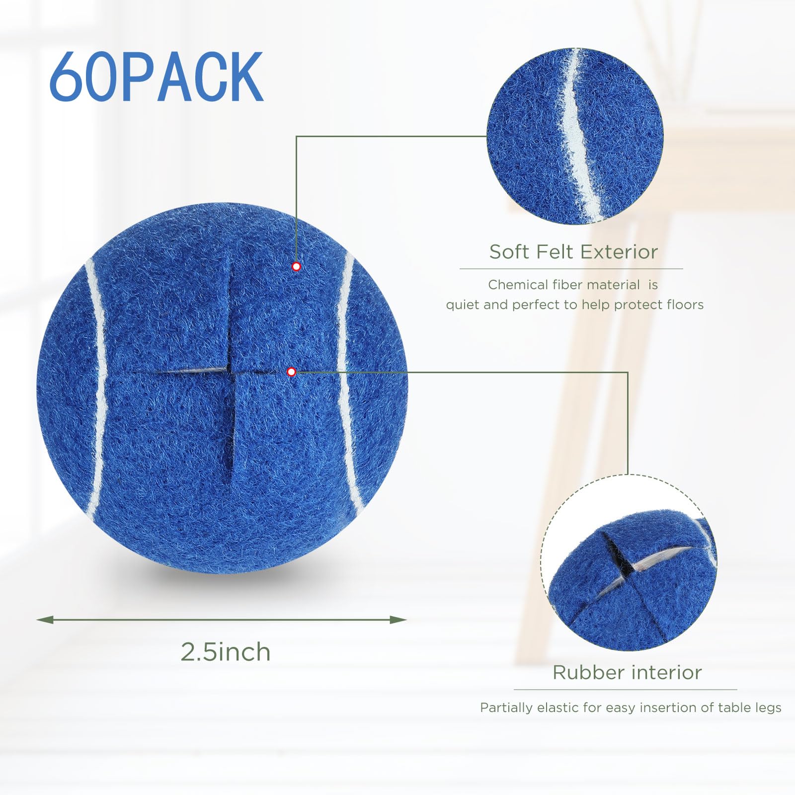 Macarrie 60 pelotas de tenis precortadas a granel para sillas, resistentes y duraderas, cubiertas deslizantes para muebles de aula, protectores de patas y protección del suelo (azul)