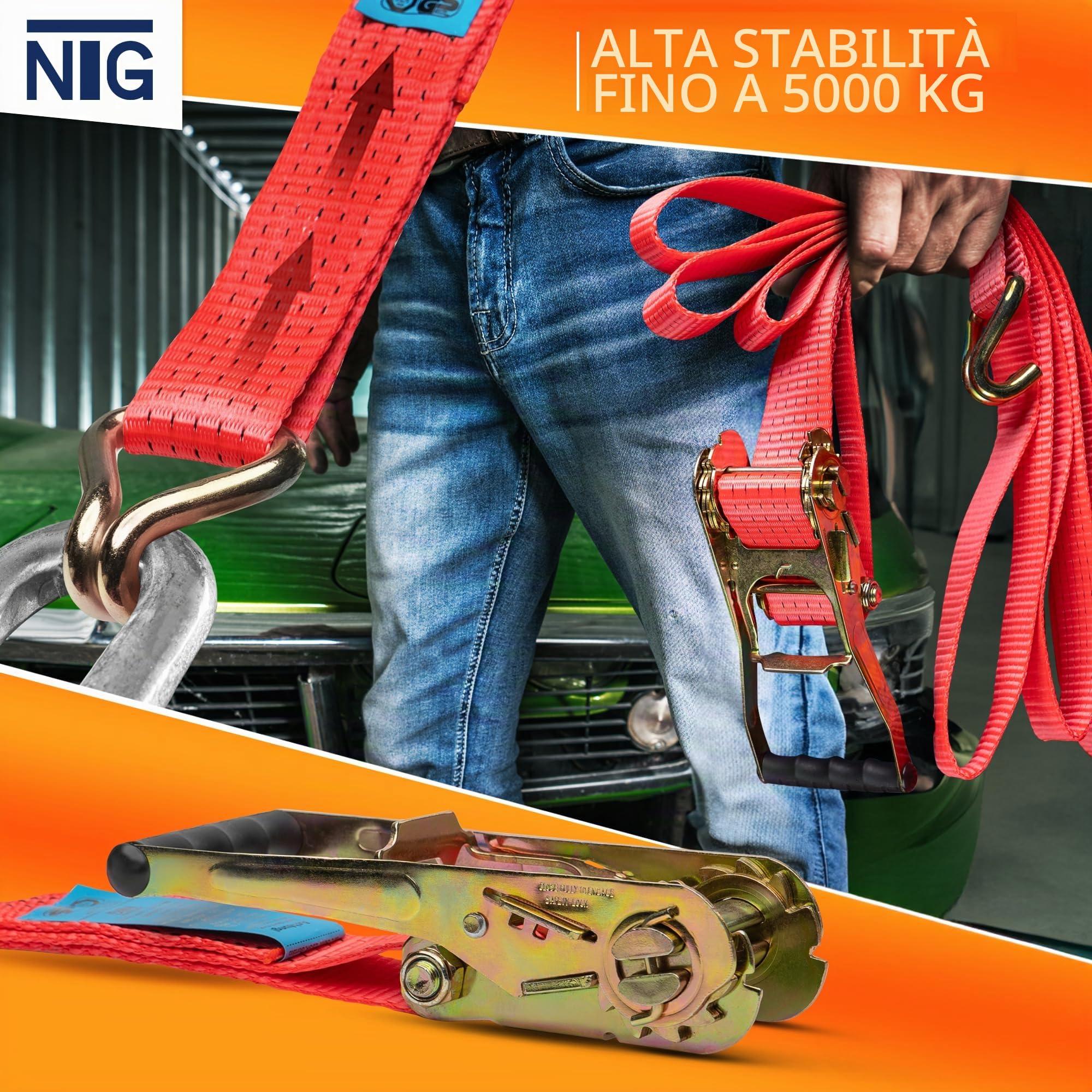 SET DI 10 CINGHIE DI FISSAGGIO CON CREMAGLIERA NTG 8 m – Robusto set di cinghie di fissaggio per camion, rimorchi e furgoni – 5.000 kg LC, larghezza 50 mm – Cinghia di fissaggio certificata TÜV/GS