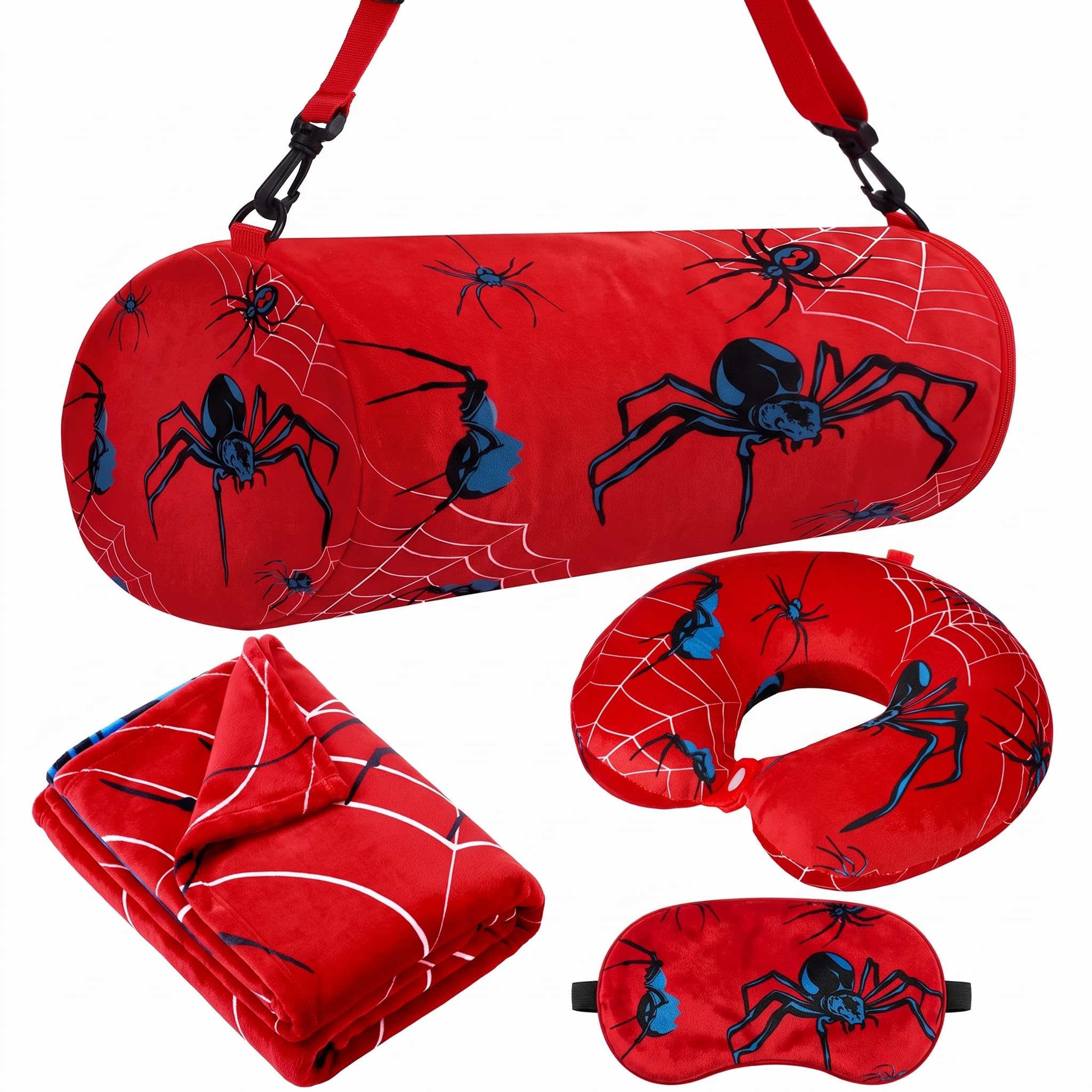 Moukeren 4 Pcs Spider Travel Pillow and Blanket Set Travel Airplane Essentials with Memory Foam Neck Pillow Fleece Blanket Eye Mask and Storage Bag for Boys and Girls Sleeping Use (Spider Web)