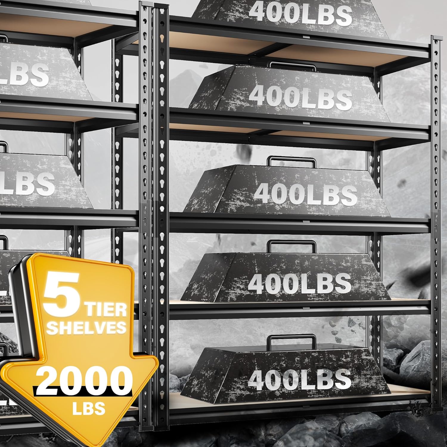 REIBII Set of 2 Garage Shelving, 2000LBS Adjustable Metal Shelving, 5 Tier Storage Shelves for Garage, Pantry, Kitchen, Basement 71.5" H x 35.5" W x 11.8" D - Image 4