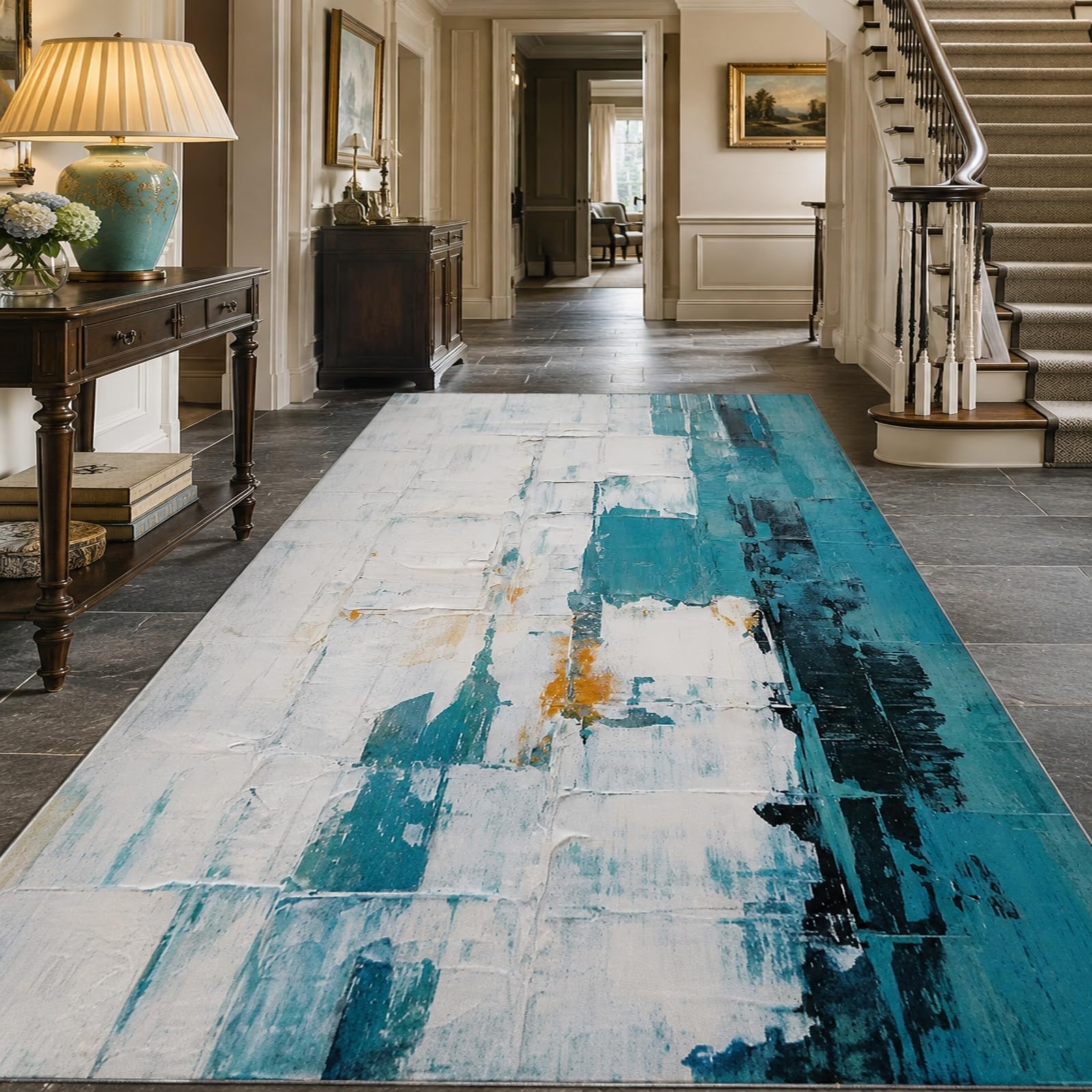 Tapis de salon abstrait blanc bleu noir orange 120x200 cm à poils ras