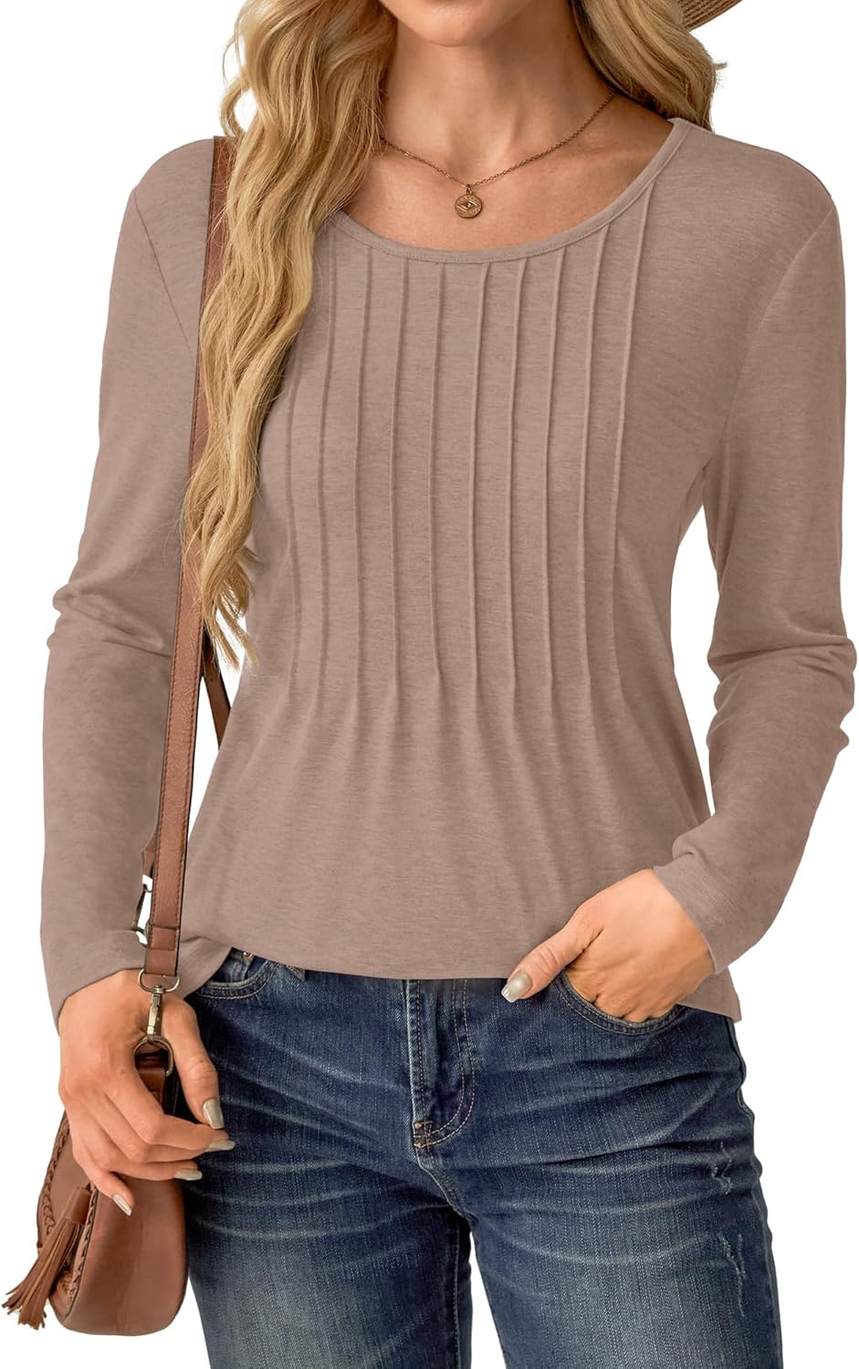 NORACORA Long Sleeve Pleated Tops for Women Dressy Casual Chic Crew Neck Blouses Shirts Loose Fit Trendy Fall Clothes 2025 - Image 3