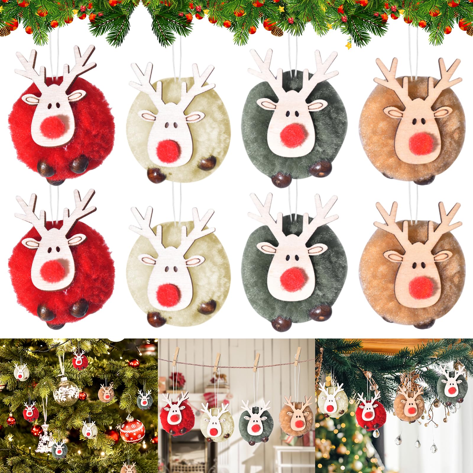 8 colgantes para árbol de Navidad, decoración de alce, reno, decoración de Navidad, decoración de árbol de Navidad, decoración de fieltro de madera, decoración de Navidad para árbol de Navidad,