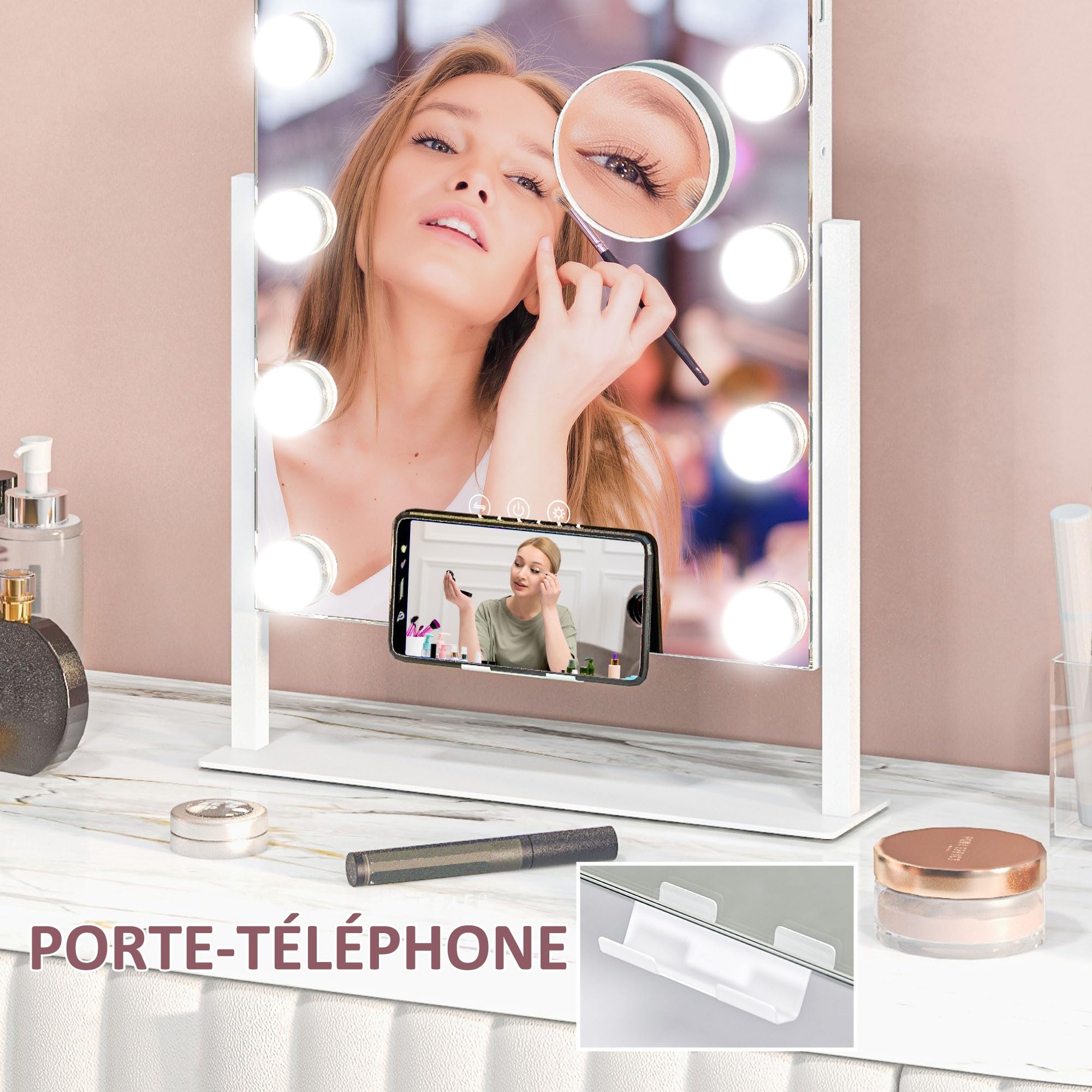 HOMCOM Miroir Hollywood Lumineux 36,5 x 45,5 cm Miroir Coiffeuse Blanc | LED 12 Ampoules, 3 Modes Luminosité Réglable, Rotation à 360°, Grossissement 10X, Port de Charge USB, Touche Tactile