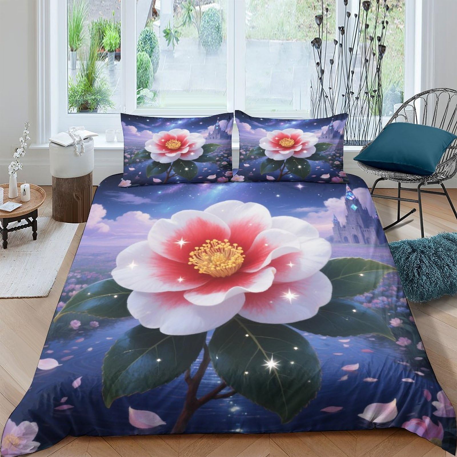 Housse de couette Camélia Japonica King 220x240cm en microfibre douce avec sa taie d'oreiller