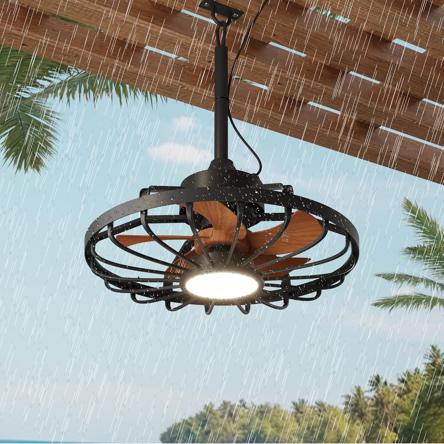 MELLCOM 20" Outdoor Ceiling Fans with Light，IP65 Waterproof Plug in Ceiling Fan with Remote and 3 Downrods, Gazebo Caged Hanging Fan with 3 Color LED Light for Porch, Pergola, Canopy, Brown
