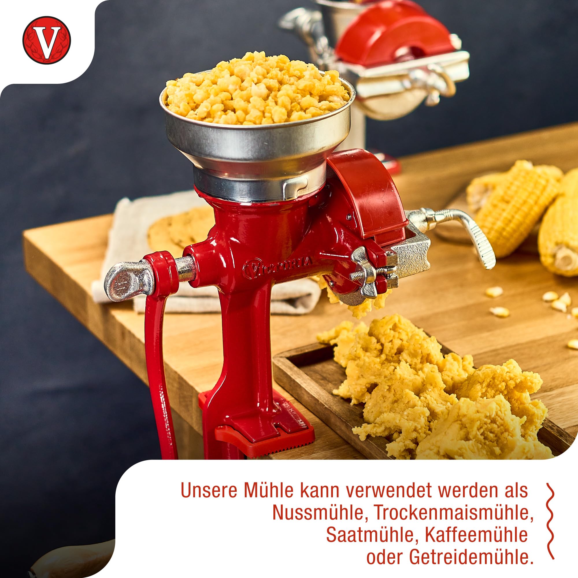 Victoria Getreidemühle Manuelle Gusseiserne Handmühle zum Mahlen von Kaffee, Mais, Hafer, Saatgut, Dicke Einstellbar, Kornmühle mit Niedrigem Trichter und Tischklemme, Grain Grinder Rot