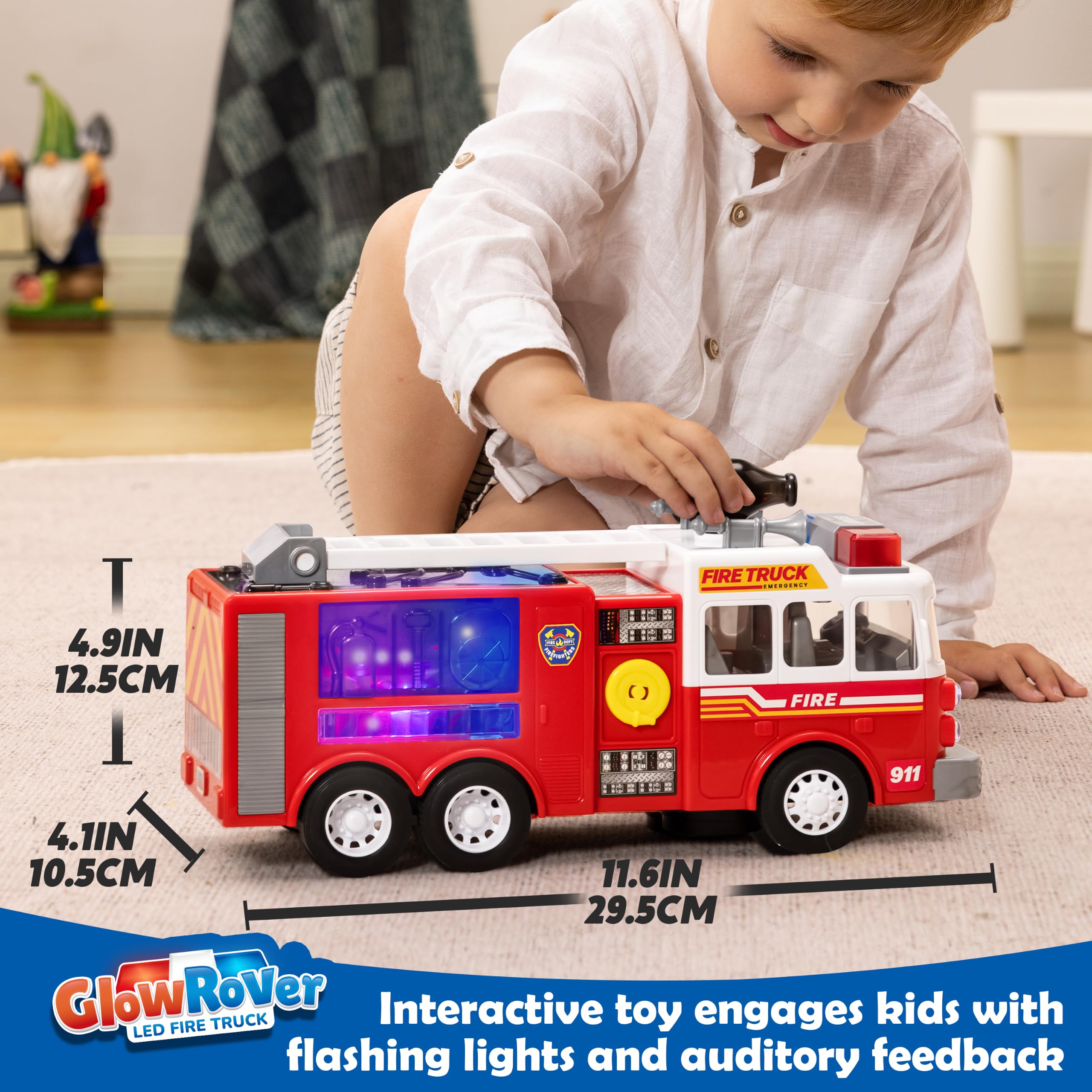 JOYIN Camion dei pompieri a LED, giocattolo per bambini, proiezioni a LED e sirene, camion dei pompieri con interruttore di modalità e controllo del volume, giocattolo per ragazzi e ragazze